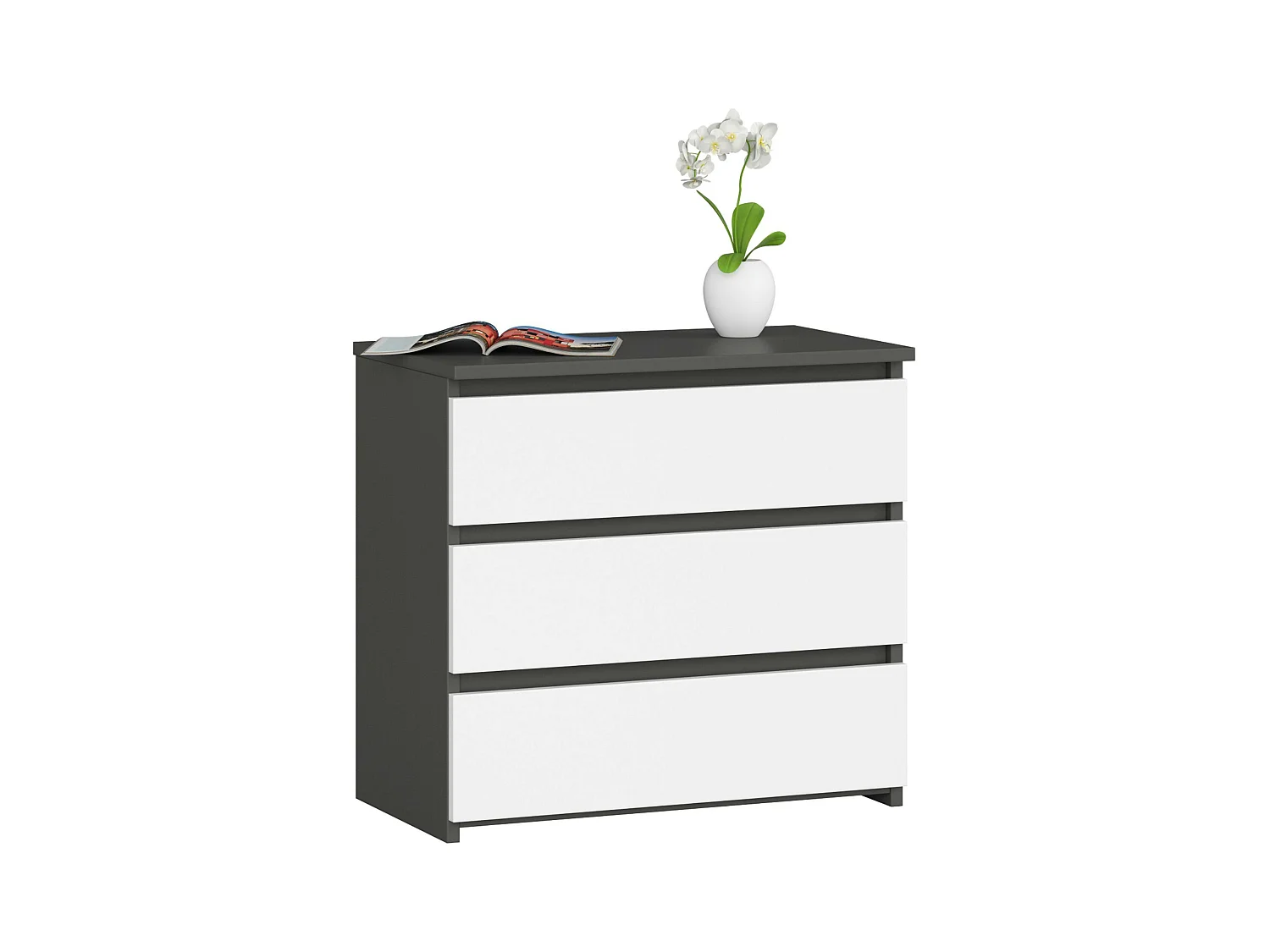 Table de chevet AKORD CL3 Gris Graphite 60 cm 3 tiroirs façade Blanche 60x35x57 cm