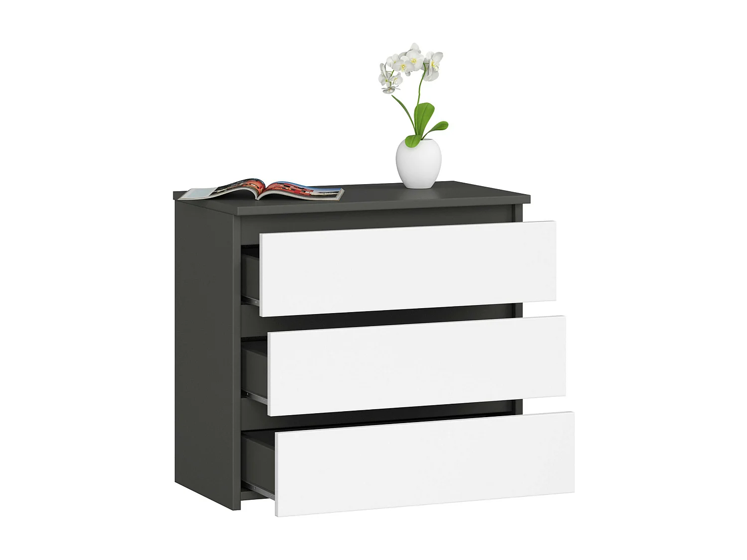 Nachtkastje CL3 met 3 Lades / AKORD Furniture Factory / Grafietgrijs - Wit / 60 x 57 x 35 cm