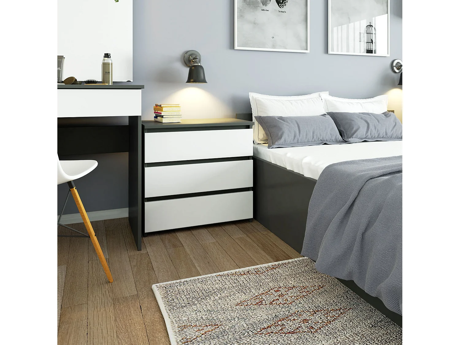 Nachtkastje CL3 met 3 Lades / AKORD Furniture Factory / Grafietgrijs - Wit / 60 x 57 x 35 cm