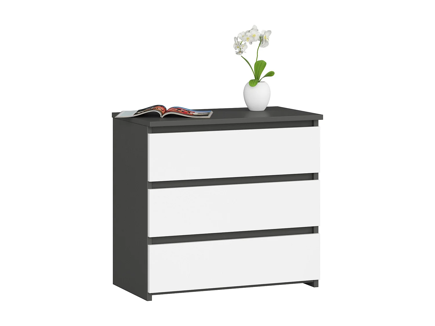 Table de chevet AKORD CL3 Gris Graphite 60 cm 3 tiroirs façade Blanche 60x35x57 cm