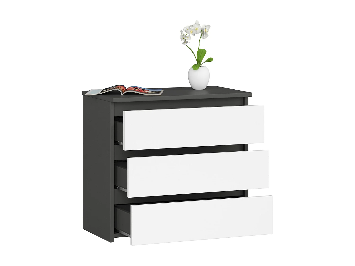 Table de chevet AKORD CL3 Gris Graphite 60 cm 3 tiroirs façade Blanche 60x35x57 cm