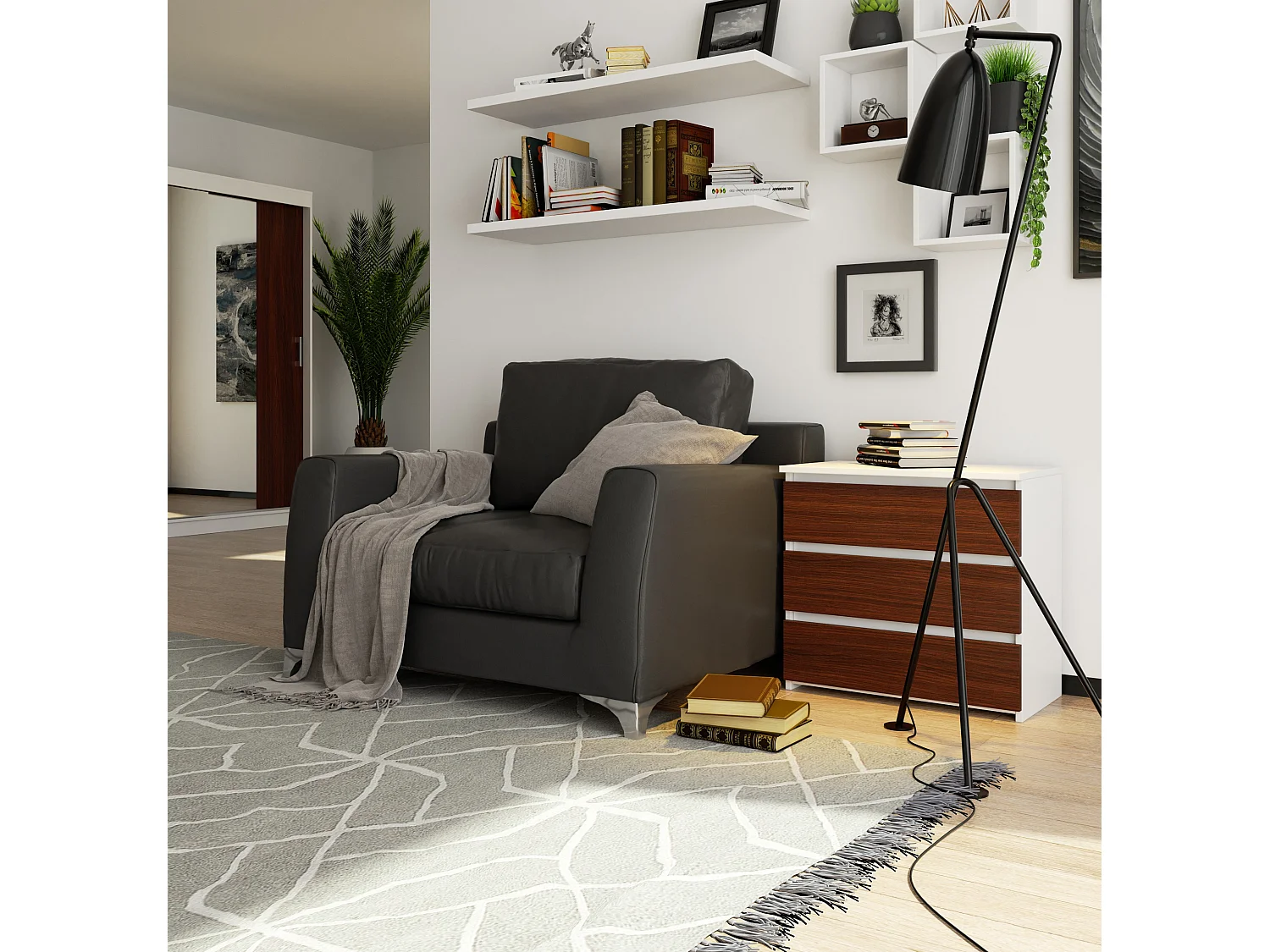 Table de chevet AKORD CL3 Blanche 60 cm 3 tiroirs façade Wengé 60x35x57 cm