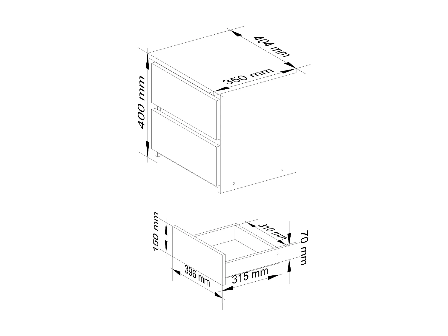 Table de chevet AKORD CL2 Blanche 40 cm 2 tiroirs façade Graphite Brillant 40x35x40 cm