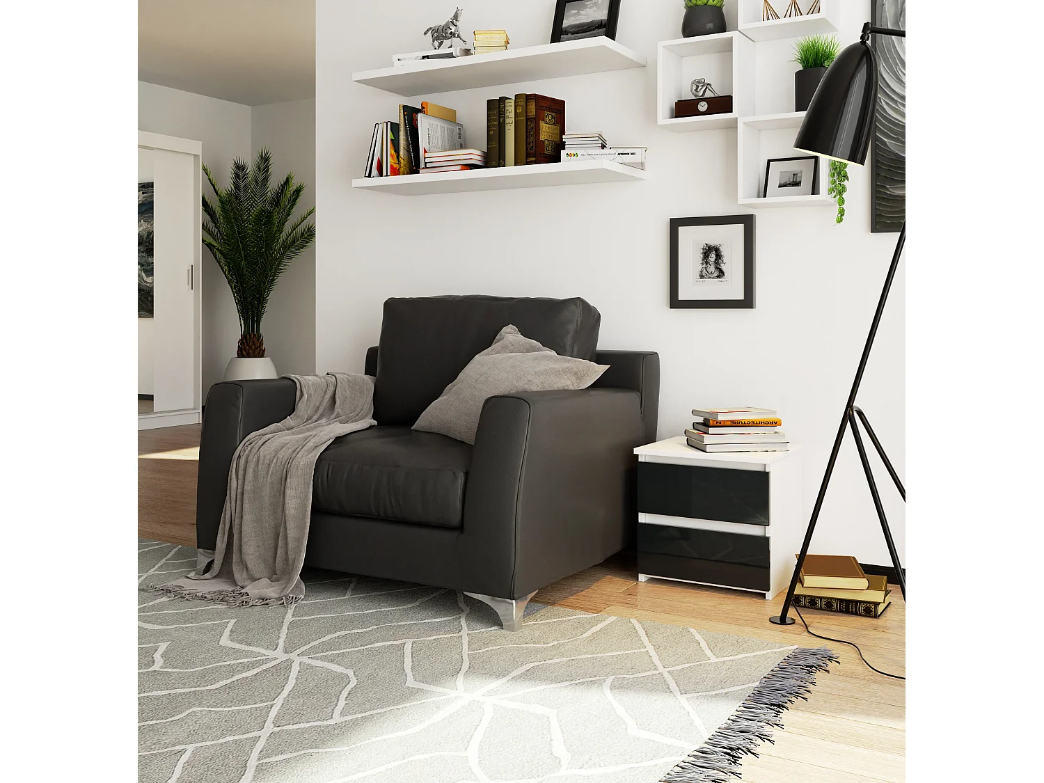 Table de chevet AKORD CL2 Blanche 40 cm 2 tiroirs façade Graphite Brillant 40x35x40 cm