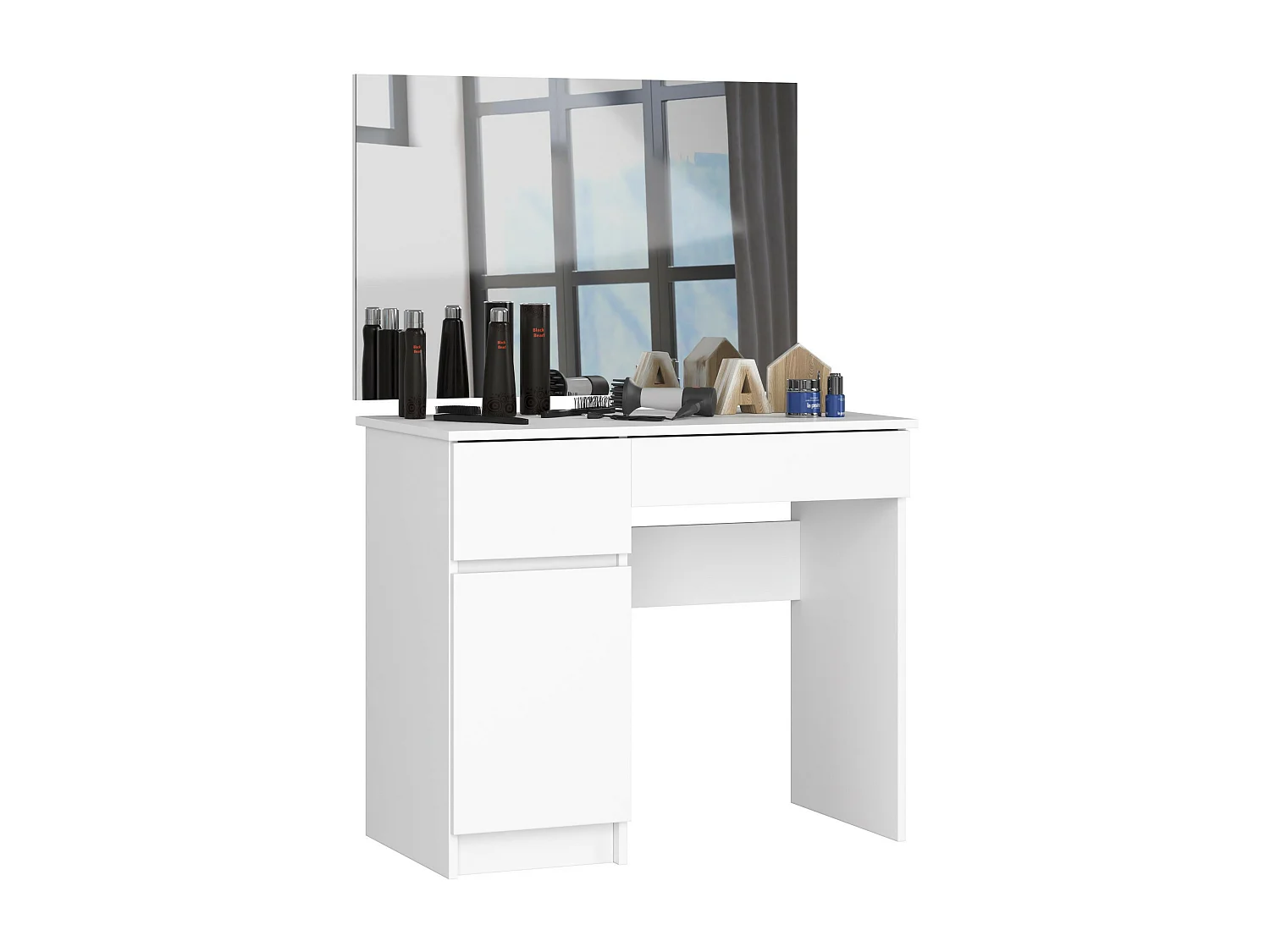 Toaletka AKORD P2 Biała 90 cm z lustrem 900x600 lewa 1 drzwi 2 szuflady kolor Biały mat 2 półki 90x50x142 cm