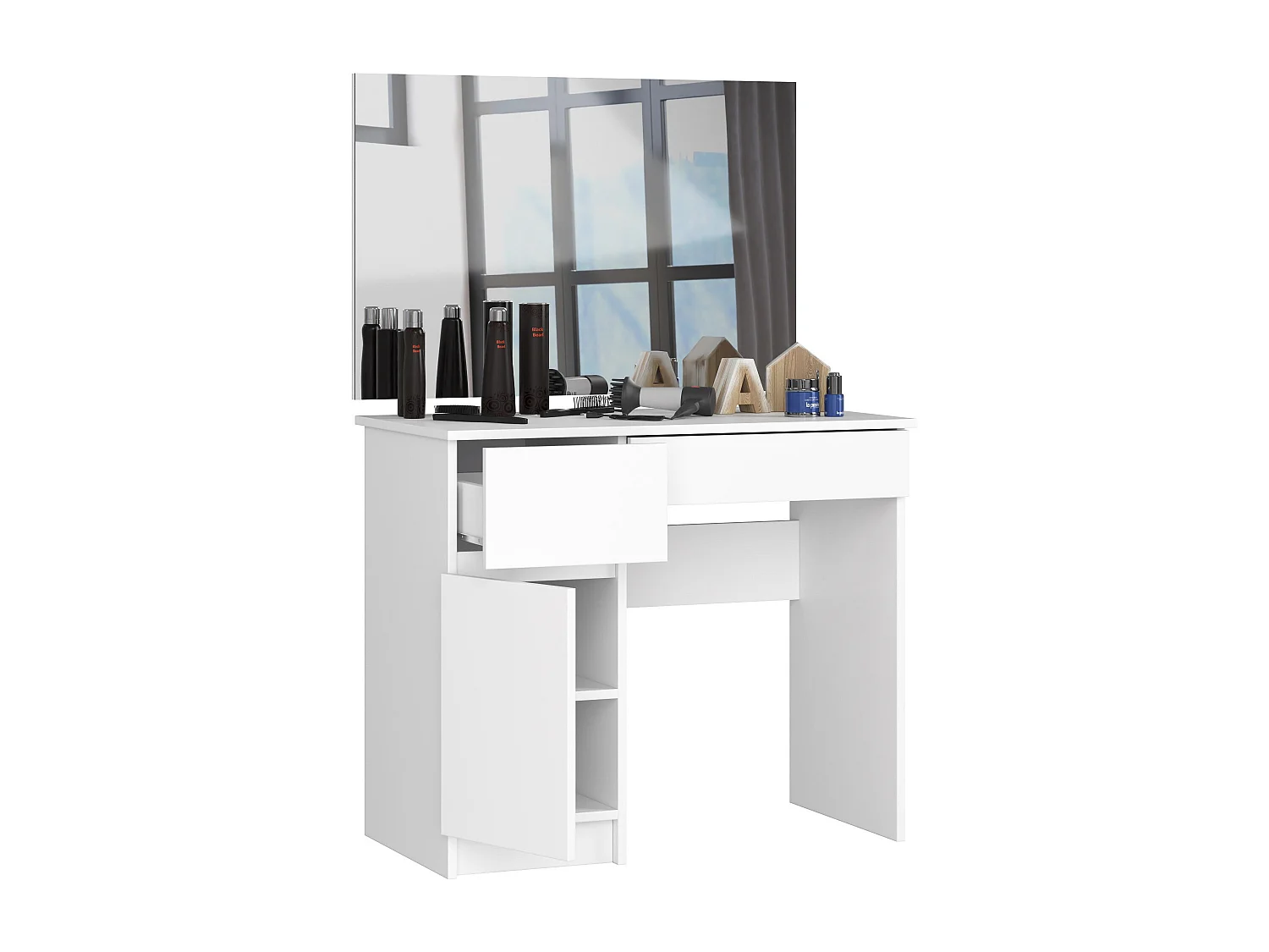 Toaletka AKORD P2 Biała 90 cm z lustrem 900x600 lewa 1 drzwi 2 szuflady kolor Biały mat 2 półki 90x50x142 cm