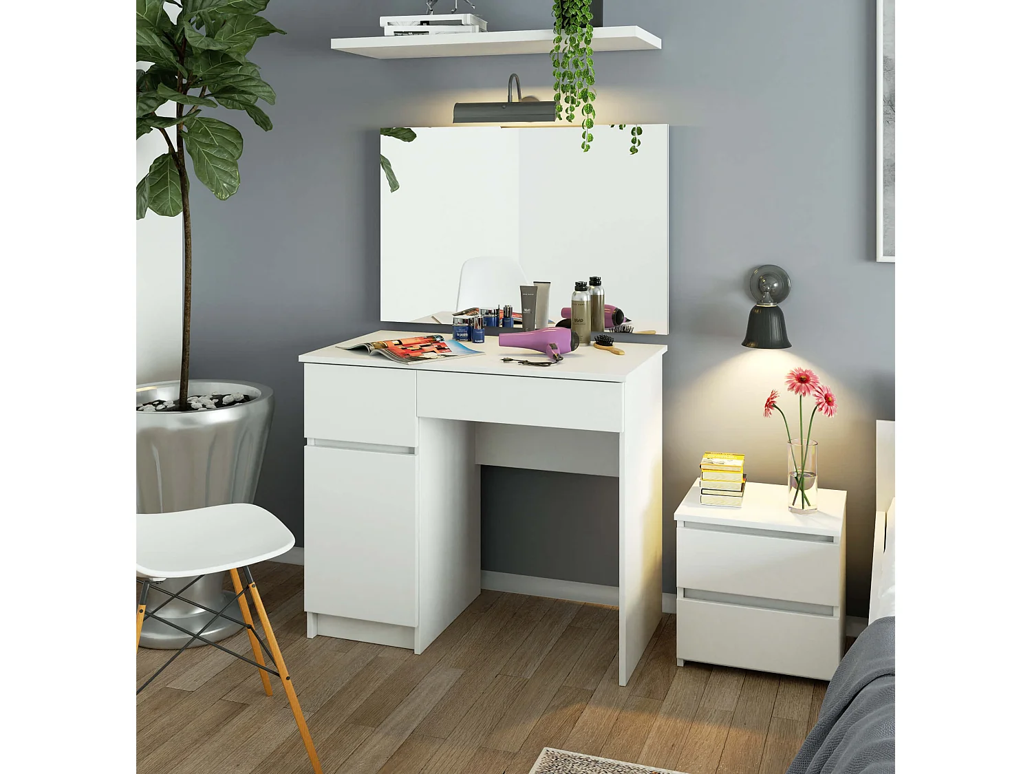 Toaletka AKORD P2 Biała 90 cm z lustrem 900x600 lewa 1 drzwi 2 szuflady kolor Biały mat 2 półki 90x50x142 cm