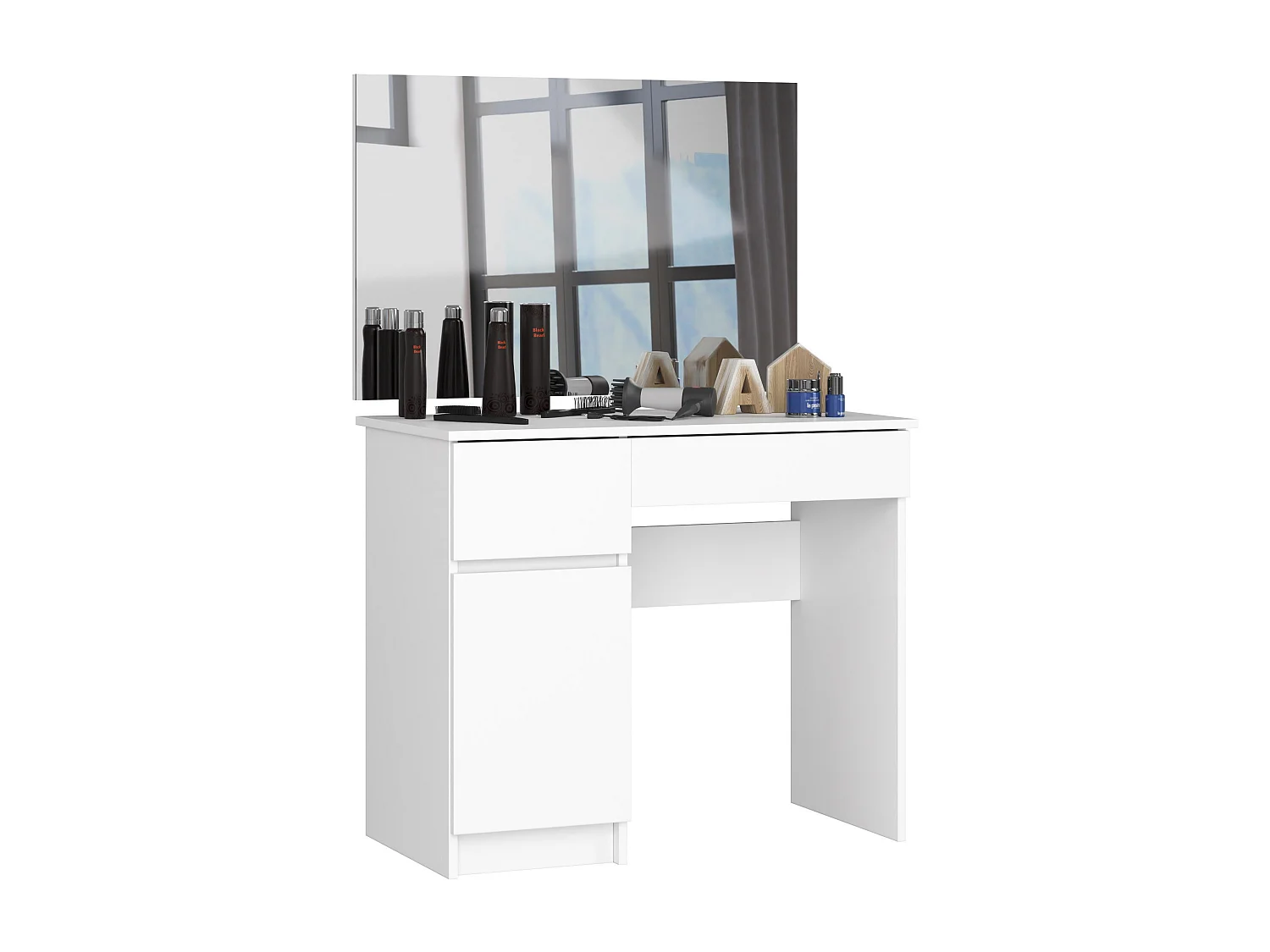 Toaletka AKORD P2 Biała 90 cm z lustrem 900x600 lewa 1 drzwi 2 szuflady kolor Biały mat 2 półki 90x50x142 cm