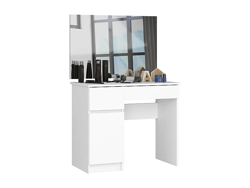 Toaletka AKORD P2 Biała 90 cm z lustrem 900x600 lewa 1 drzwi 2 szuflady kolor Biały mat 2 półki 90x50x142 cm