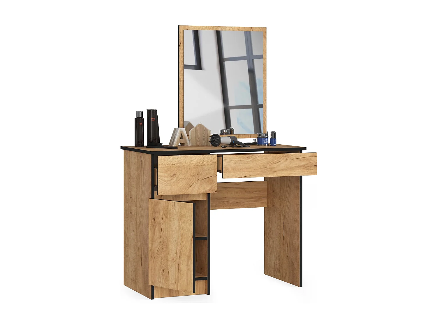 Toaletka AKORD P2 Dąb Craft 90 cm z lustrem 500x600 lewa 1 drzwi 2 szuflady kolor Dąb Craft mat 2 półki 90x50x142 cm