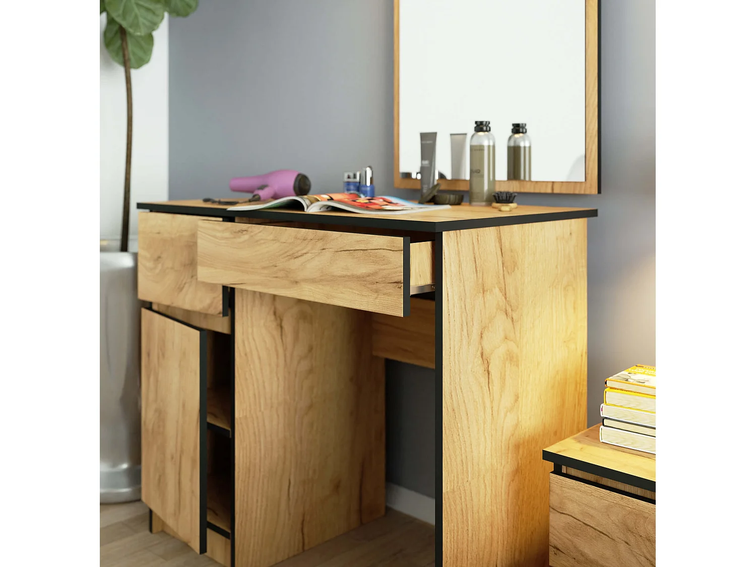 Toaletka AKORD P2 Dąb Craft 90 cm z lustrem 500x600 lewa 1 drzwi 2 szuflady kolor Dąb Craft mat 2 półki 90x50x142 cm