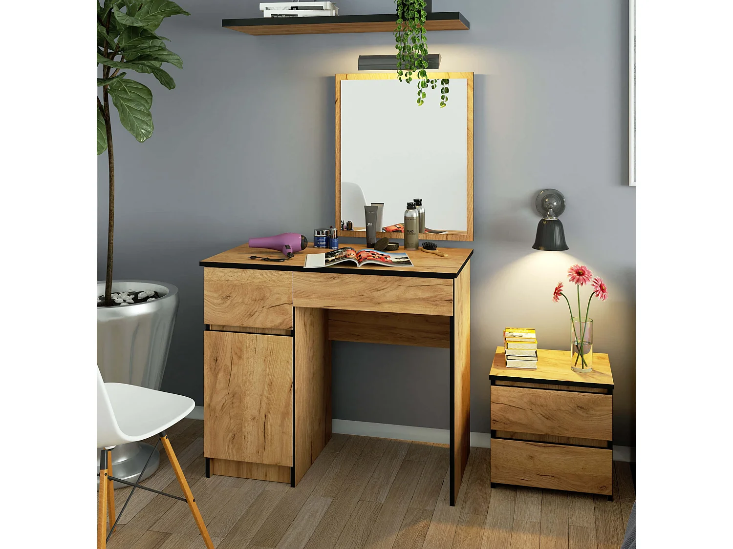 Toaletka AKORD P2 Dąb Craft 90 cm z lustrem 500x600 lewa 1 drzwi 2 szuflady kolor Dąb Craft mat 2 półki 90x50x142 cm