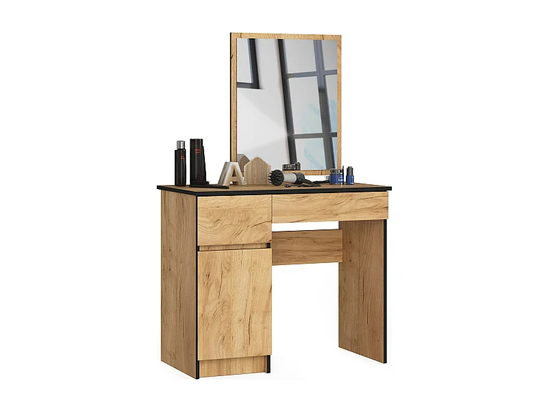 Toaletka AKORD P2 Dąb Craft 90 cm z lustrem 500x600 lewa 1 drzwi 2 szuflady kolor Dąb Craft mat 2 półki 90x50x142 cm