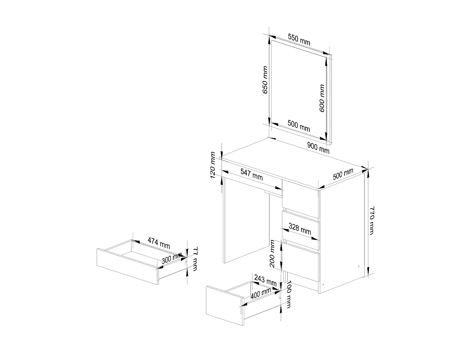 Toaletka AKORD T6 Biała 90 cm z lustrem 500x600 prawa 4 szuflady kolor Biały mat 90x50x142 cm