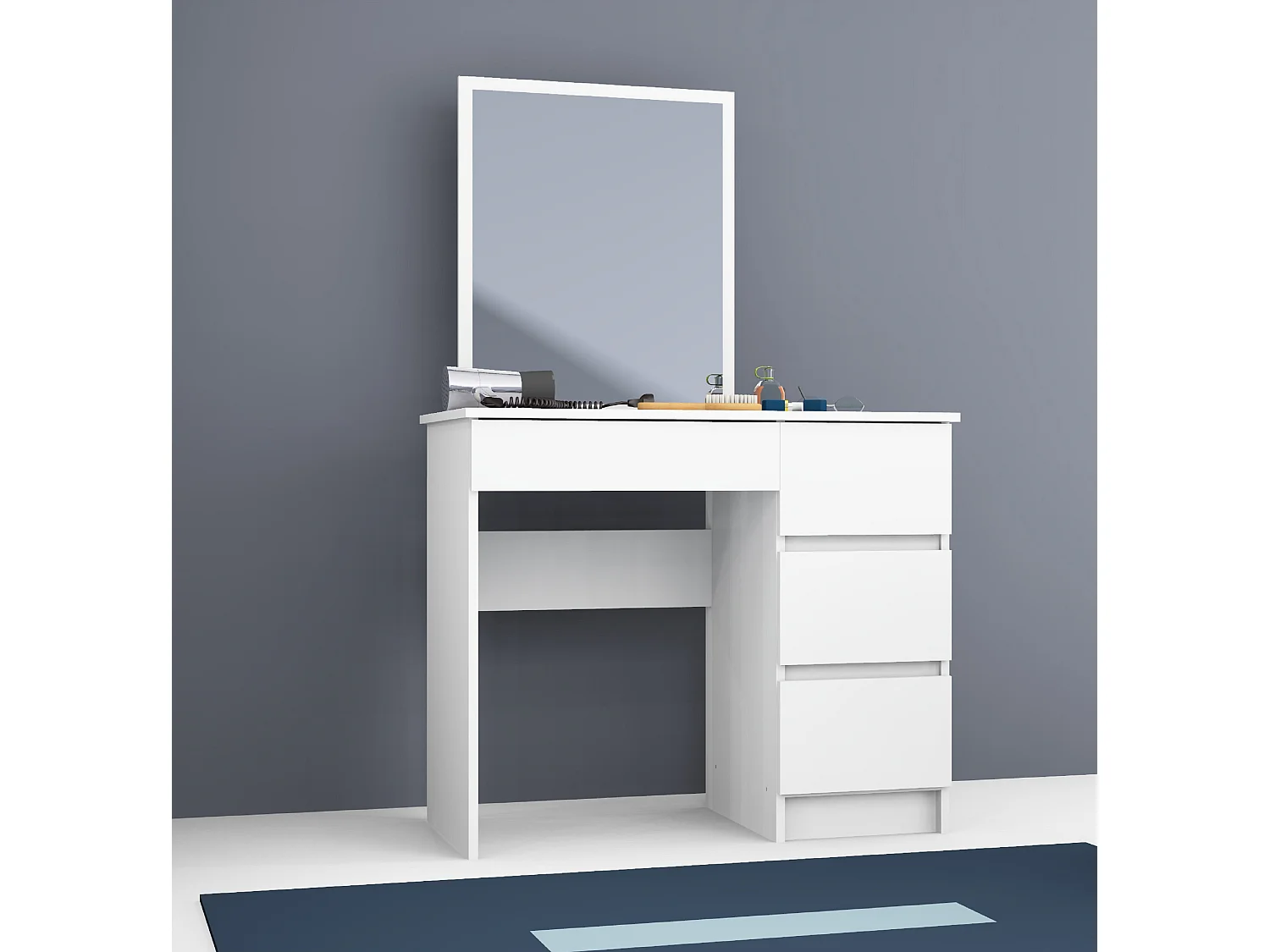 Toaletka AKORD T6 Biała 90 cm z lustrem 500x600 prawa 4 szuflady kolor Biały mat 90x50x142 cm