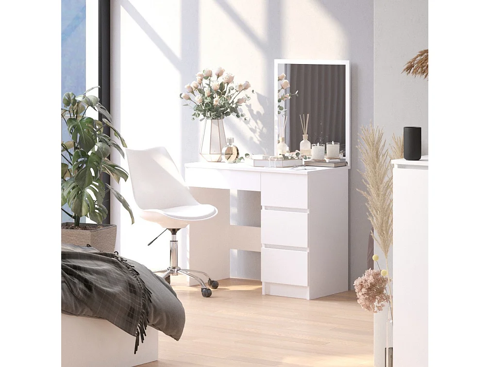 Toaletka AKORD T6 Biała 90 cm z lustrem 500x600 prawa 4 szuflady kolor Biały mat 90x50x142 cm