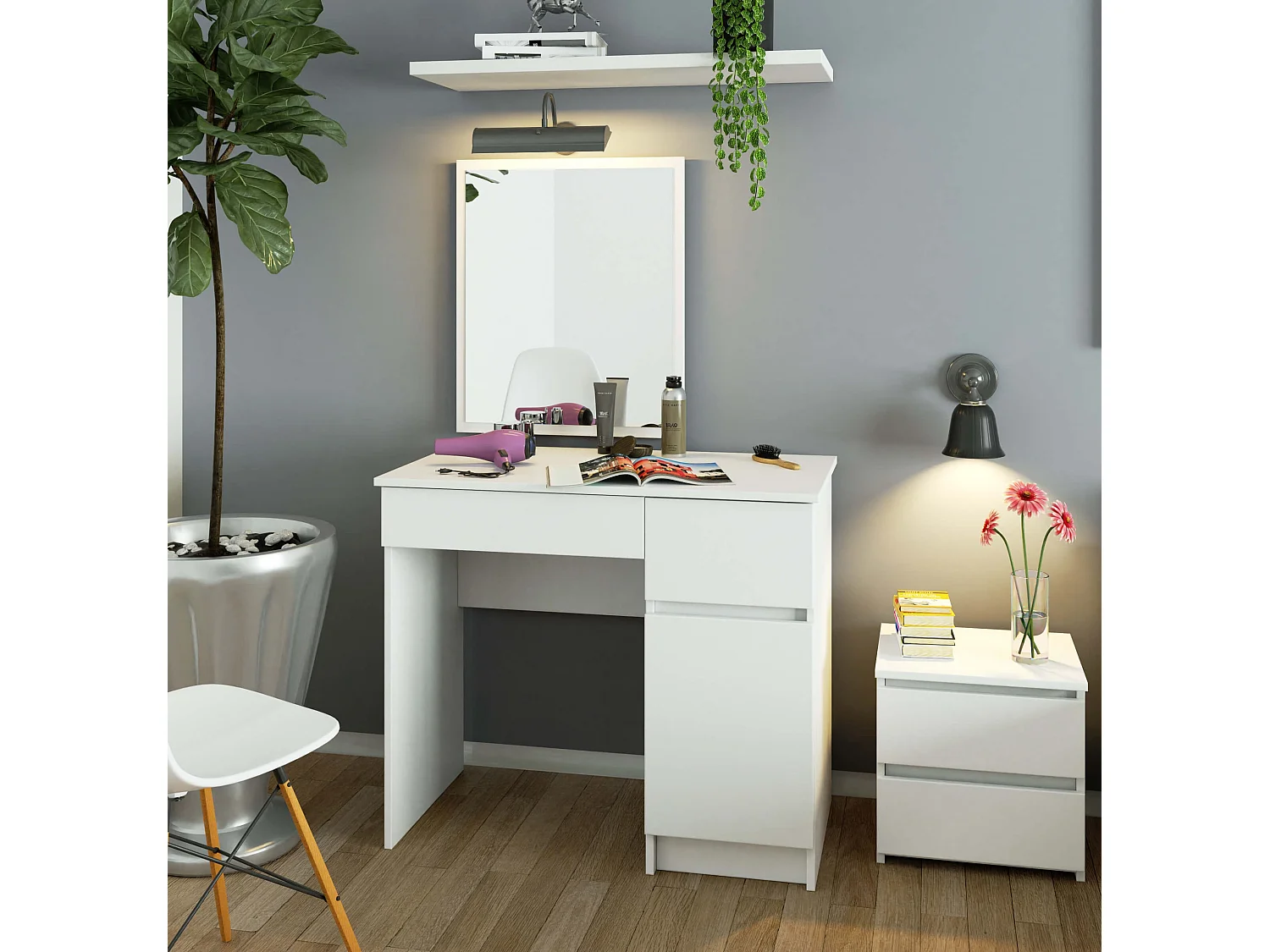 Toaletka AKORD P2 Biała 90 cm z lustrem 500x600 prawa 1 drzwi 2 szuflady kolor Biały mat 2 półki 90x50x142 cm