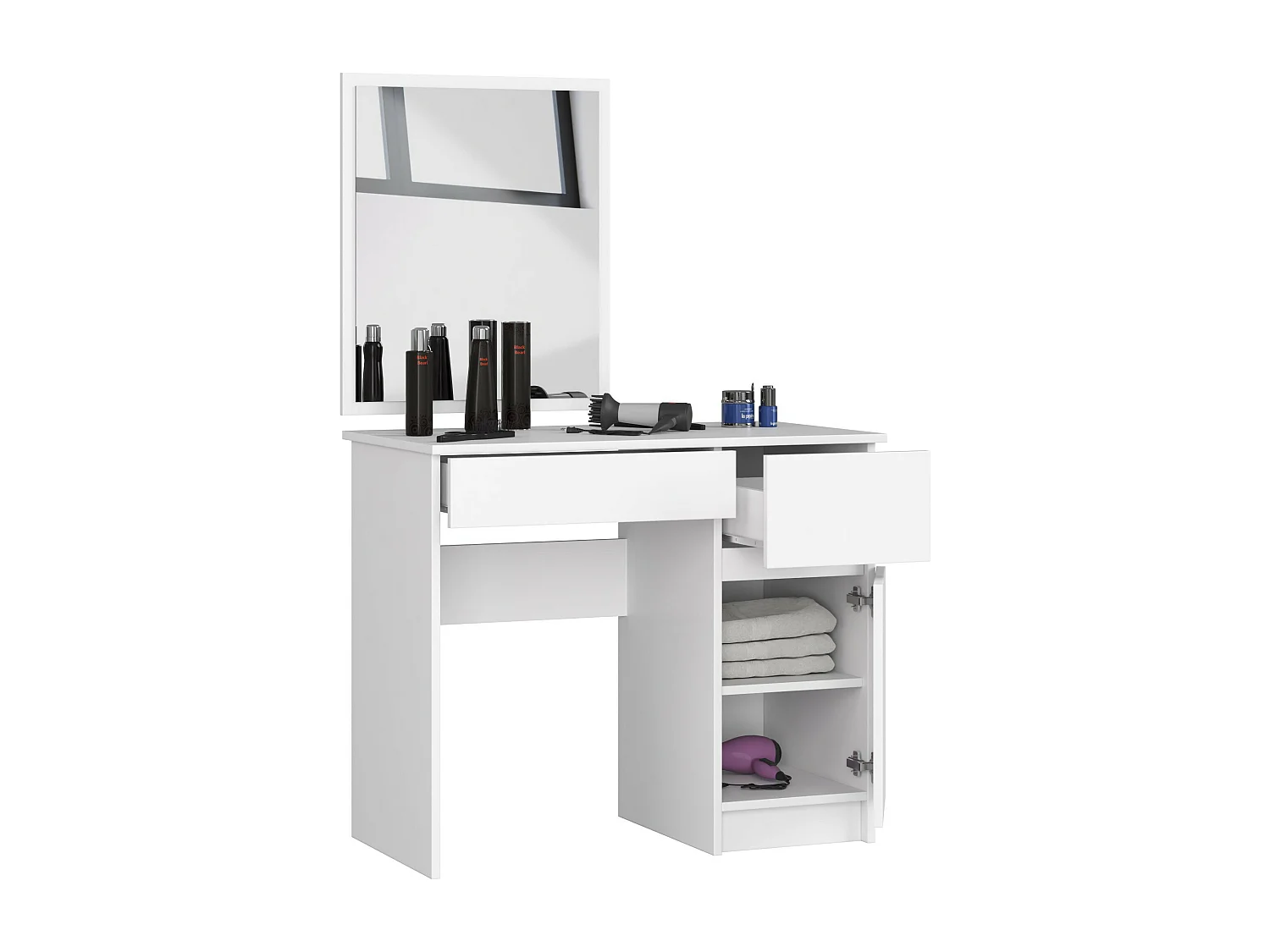 Toaletka AKORD P2 Biała 90 cm z lustrem 500x600 prawa 1 drzwi 2 szuflady kolor Biały mat 2 półki 90x50x142 cm