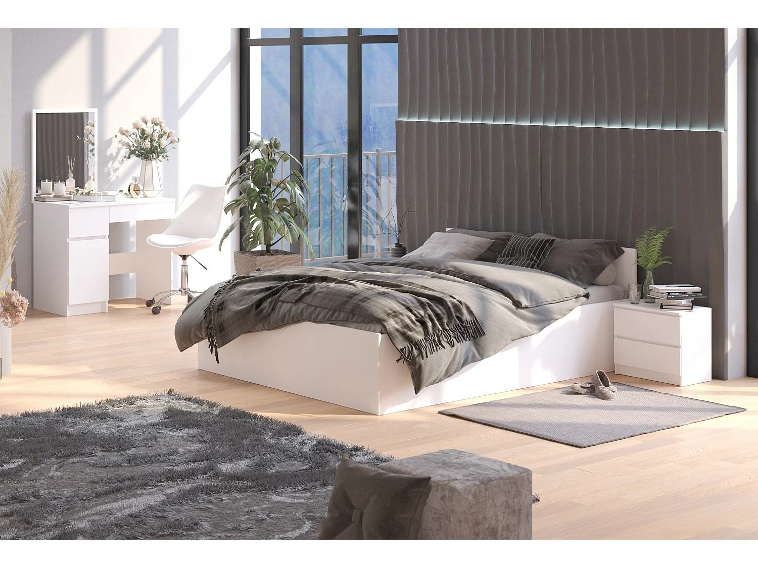 Toaletka AKORD P2 Biała 90 cm z lustrem 500x600 prawa 1 drzwi 2 szuflady kolor Biały mat 2 półki 90x50x142 cm