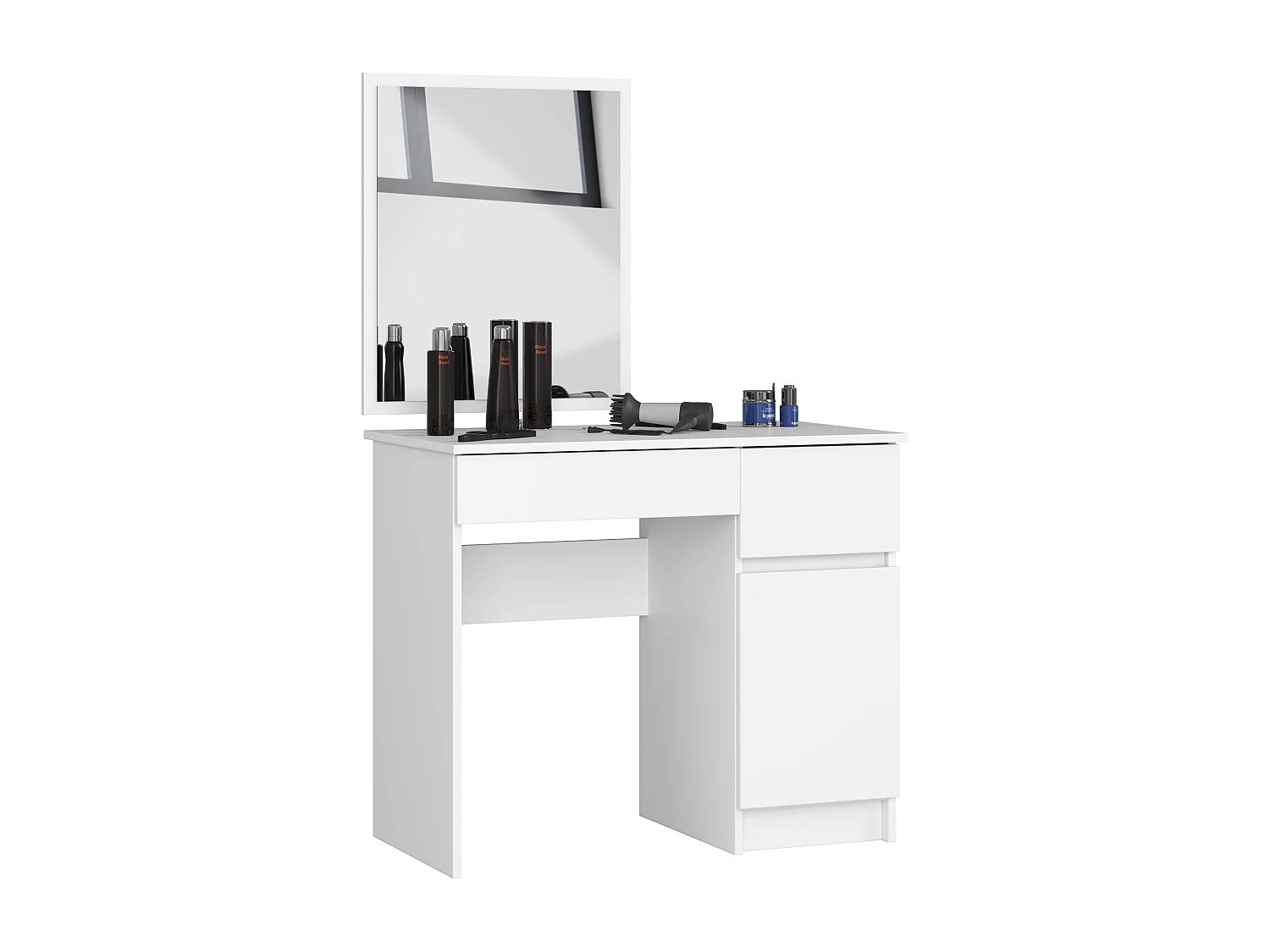 Toaletka AKORD P2 Biała 90 cm z lustrem 500x600 prawa 1 drzwi 2 szuflady kolor Biały mat 2 półki 90x50x142 cm