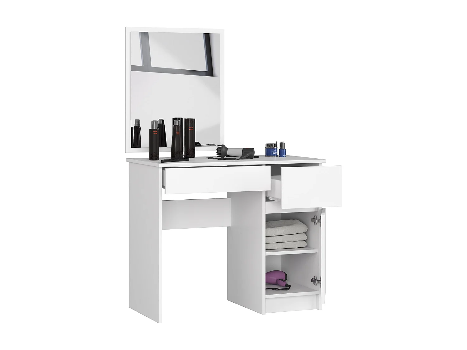 Toaletka AKORD P2 Biała 90 cm z lustrem 500x600 prawa 1 drzwi 2 szuflady kolor Biały mat 2 półki 90x50x142 cm