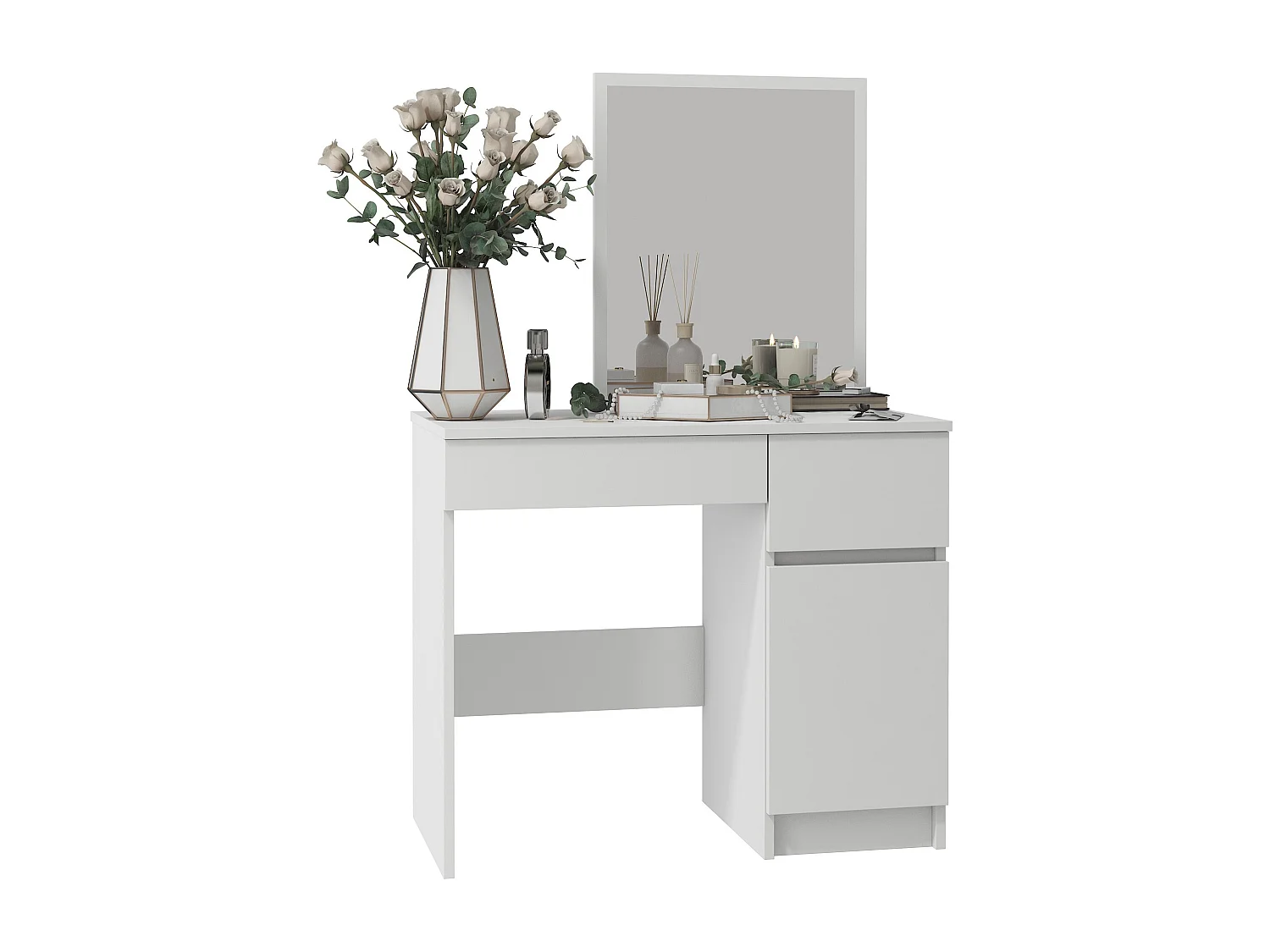 Toaletka AKORD P2 Biała 90 cm z lustrem 500x600 prawa 1 drzwi 2 szuflady kolor Biały mat 2 półki 90x50x142 cm