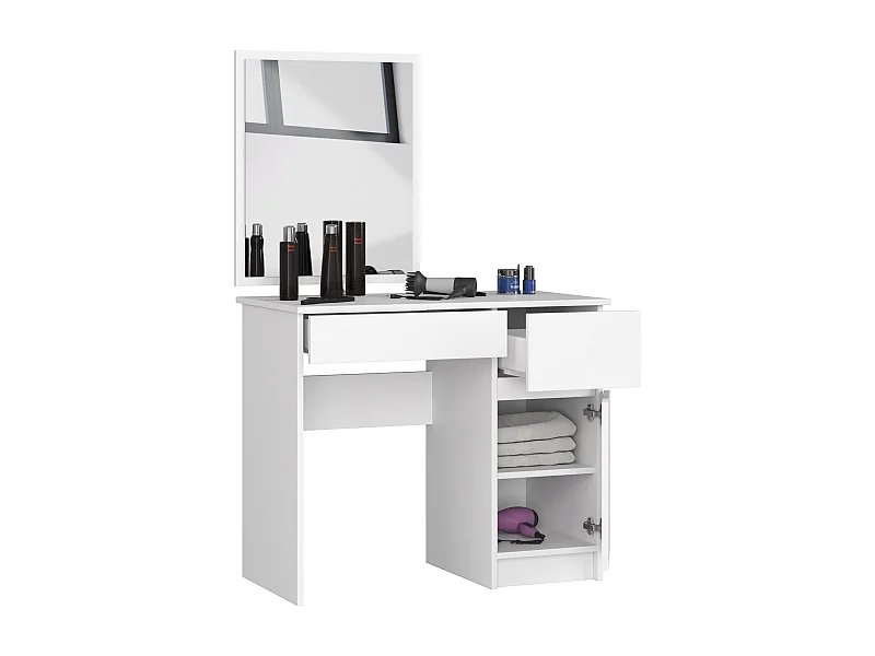Toaletka AKORD P2 Biała 90 cm z lustrem 500x600 prawa 1 drzwi 2 szuflady kolor Biały mat 2 półki 90x50x142 cm