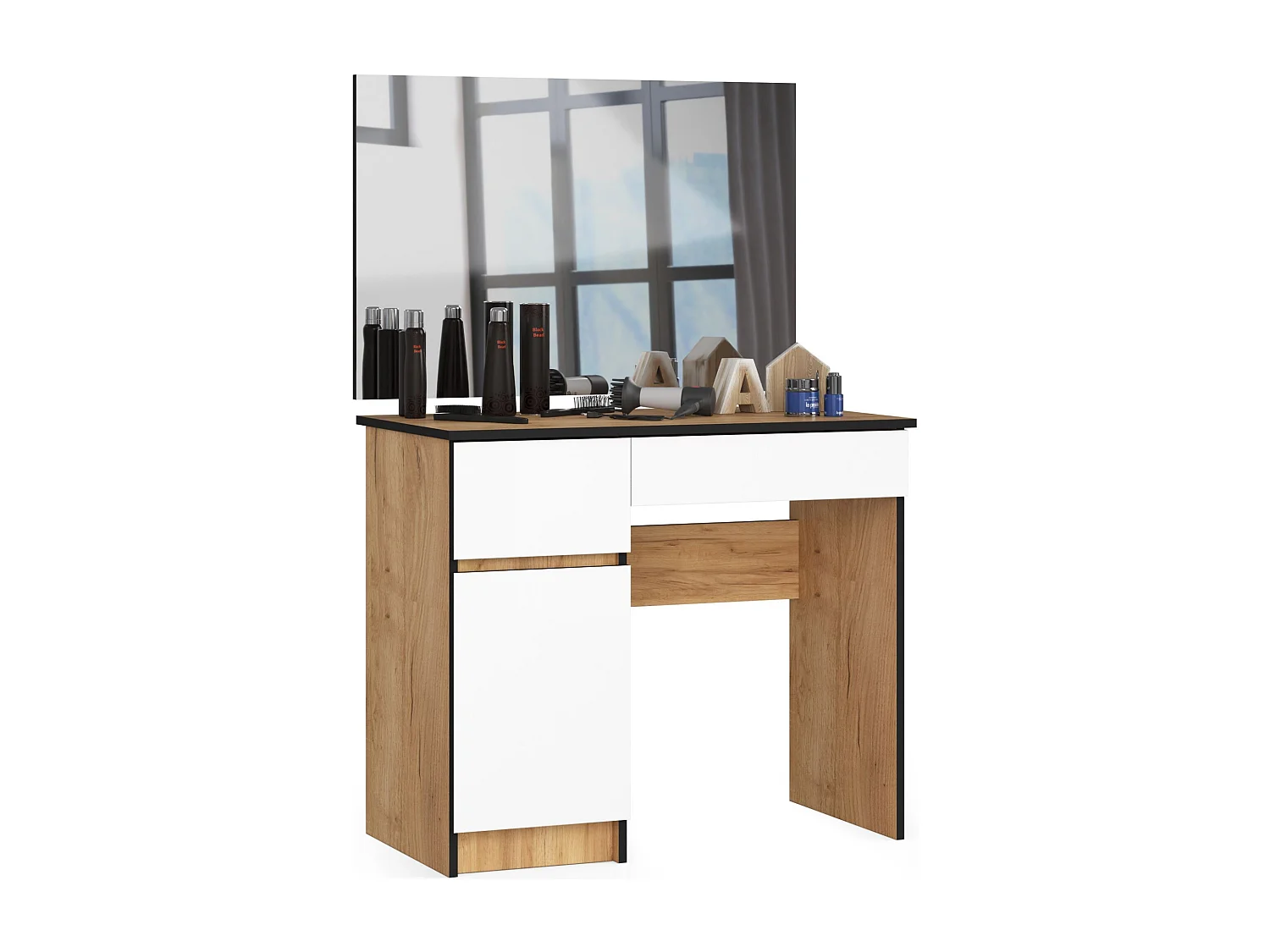 Schminktisch AKORD Frisiertisch Eiche Craft 90 cm breit Tür 2 Schubladen 2 Ebenen Front Weiß B90 x H142 x T50 cm