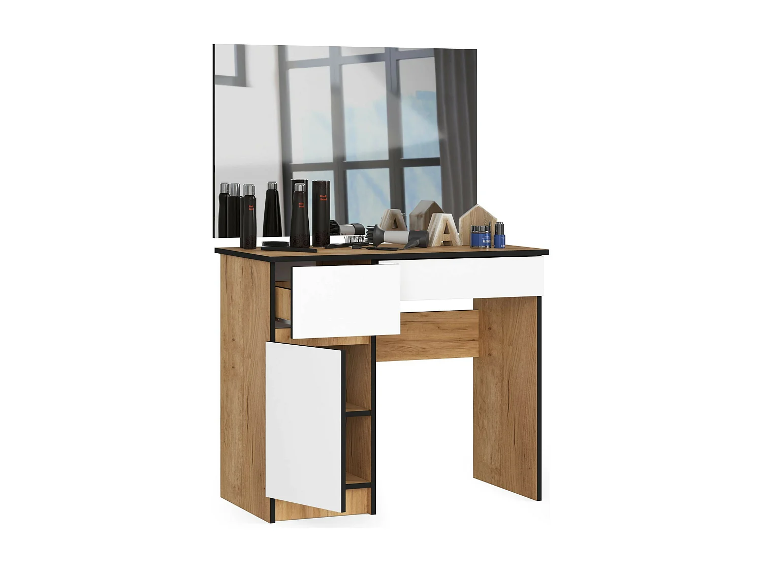 Schminktisch AKORD Frisiertisch Eiche Craft 90 cm breit Tür 2 Schubladen 2 Ebenen Front Weiß B90 x H142 x T50 cm