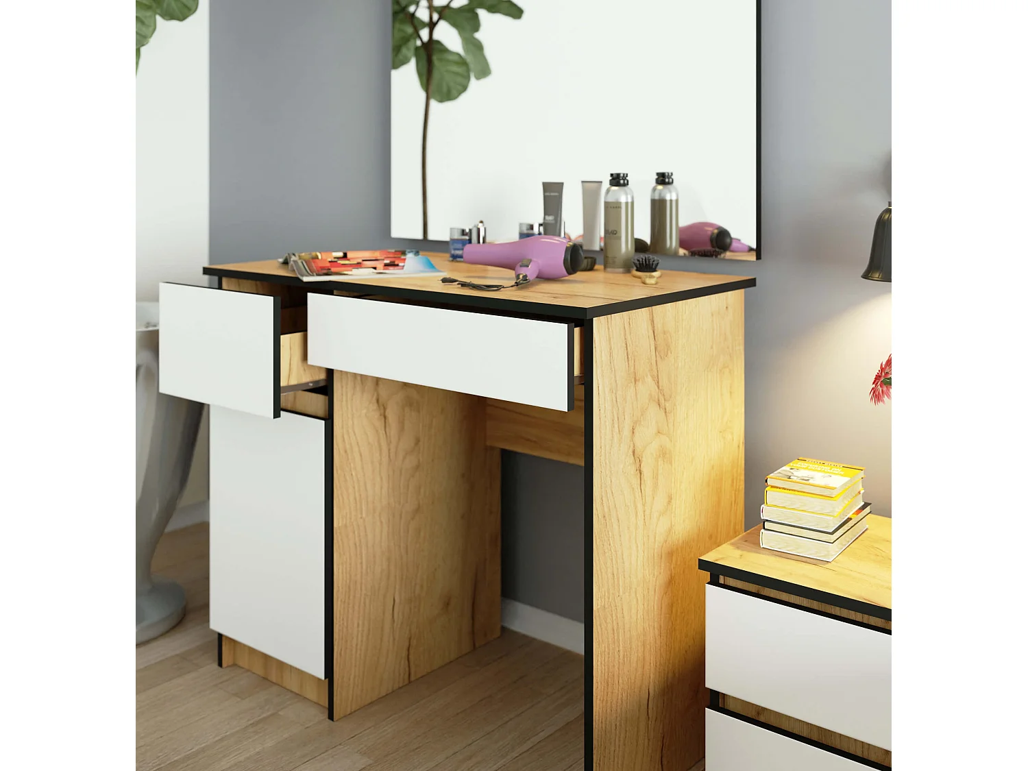 Schminktisch AKORD Frisiertisch Eiche Craft 90 cm breit Tür 2 Schubladen 2 Ebenen Front Weiß B90 x H142 x T50 cm