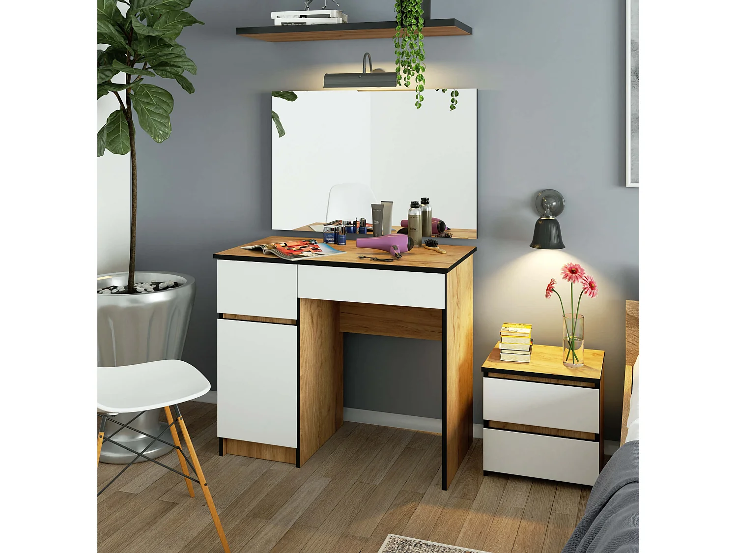 Schminktisch AKORD Frisiertisch Eiche Craft 90 cm breit Tür 2 Schubladen 2 Ebenen Front Weiß B90 x H142 x T50 cm