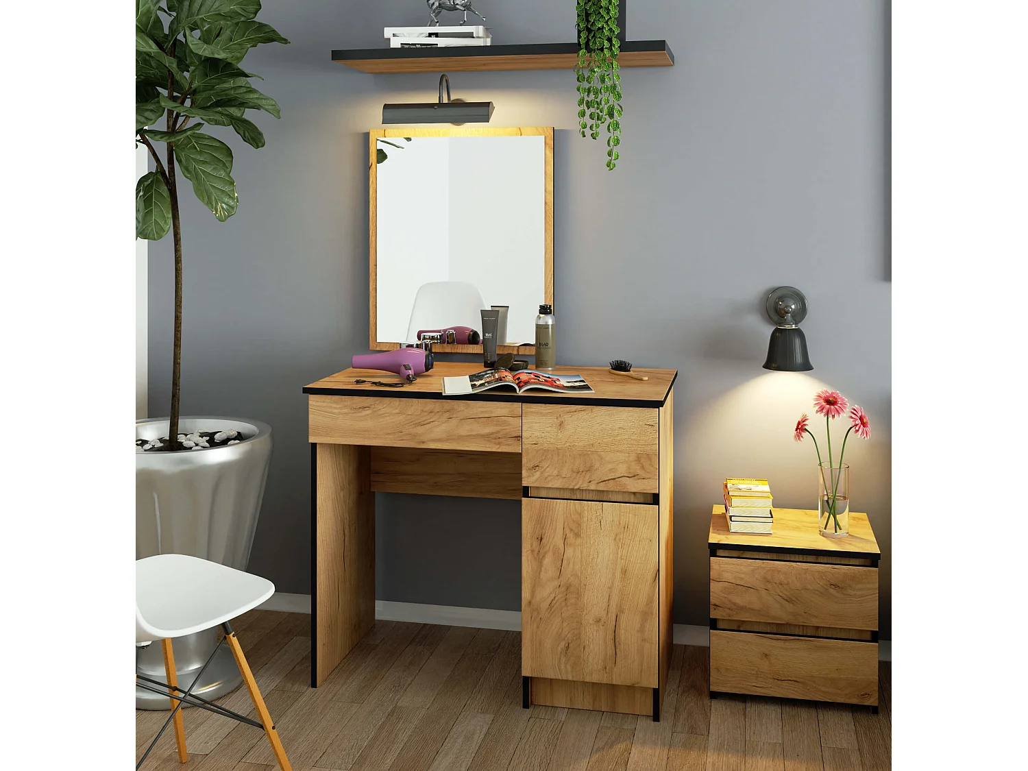 Schminktisch AKORD Frisiertisch Eiche Craft 90 cm breit Tür 2 Schubladen 2 Ebenen B90 x H142 x T50 cm