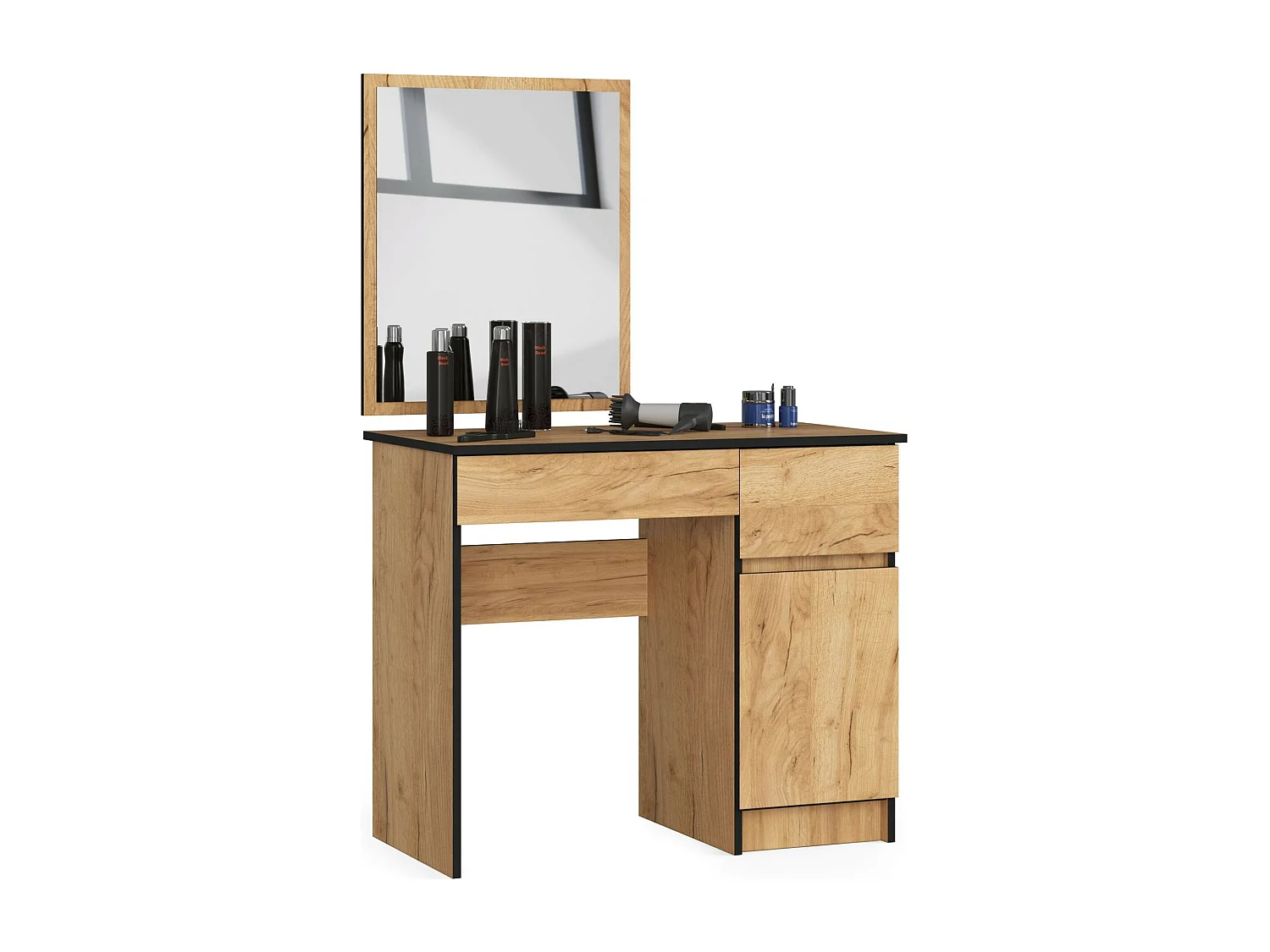 Toaletka AKORD P2 Dąb Craft 90 cm z lustrem 500x600 prawa 1 drzwi 2 szuflady kolor Dąb Craft mat 2 półki 90x50x142 cm