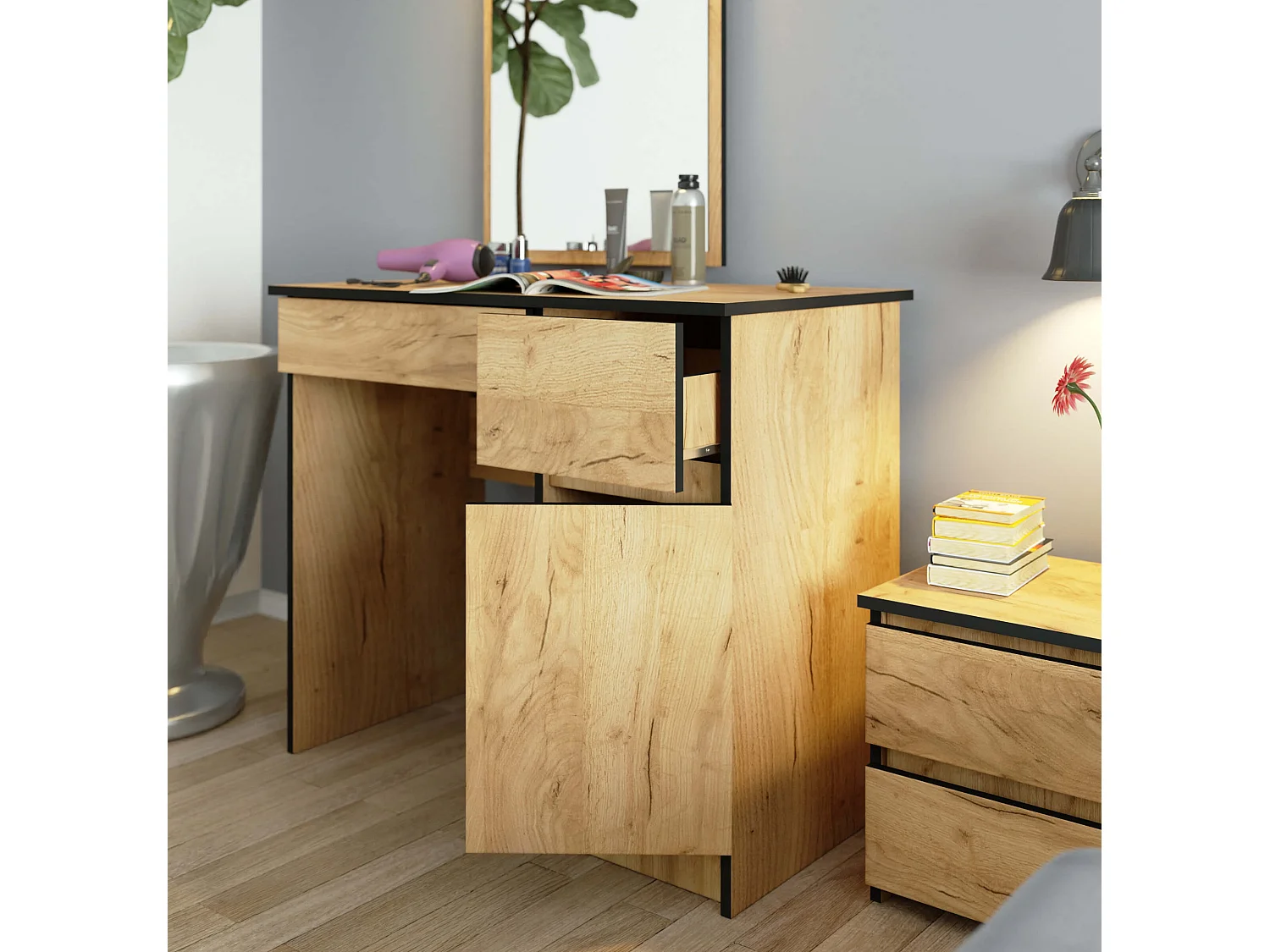 Toaletka AKORD P2 Dąb Craft 90 cm z lustrem 500x600 prawa 1 drzwi 2 szuflady kolor Dąb Craft mat 2 półki 90x50x142 cm