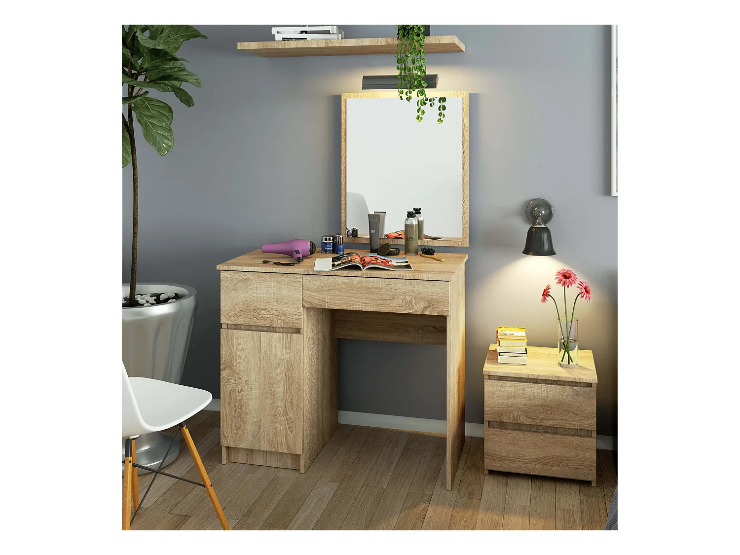 Schminktisch AKORD Frisiertisch Sonoma-Eiche 90 cm breit Tür 2 Schubladen 2 Ebenen B90 x H142 x T50 cm