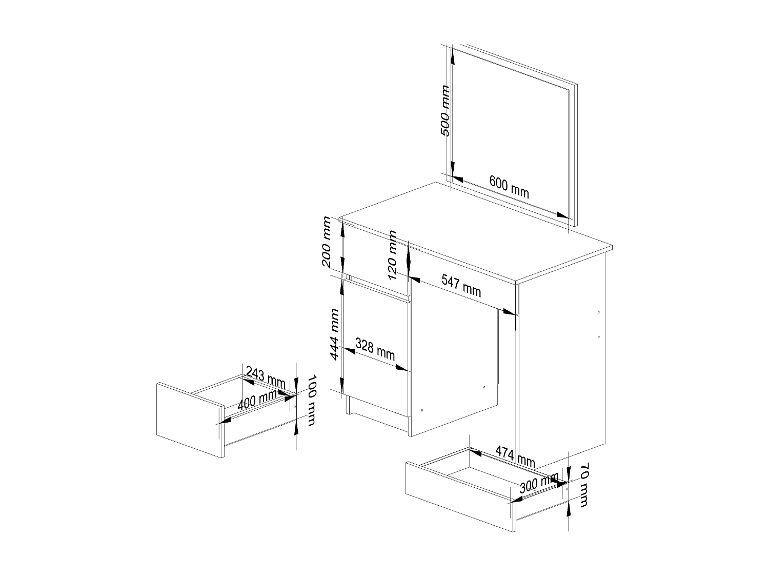 Table de coiffeuse AKORD gauche avec miroir P2 500x600 Chêne Sonoma 90 cm 1 porte 2 tiroirs façade Chêne Sonoma 2 étagères 90x50x142 cm