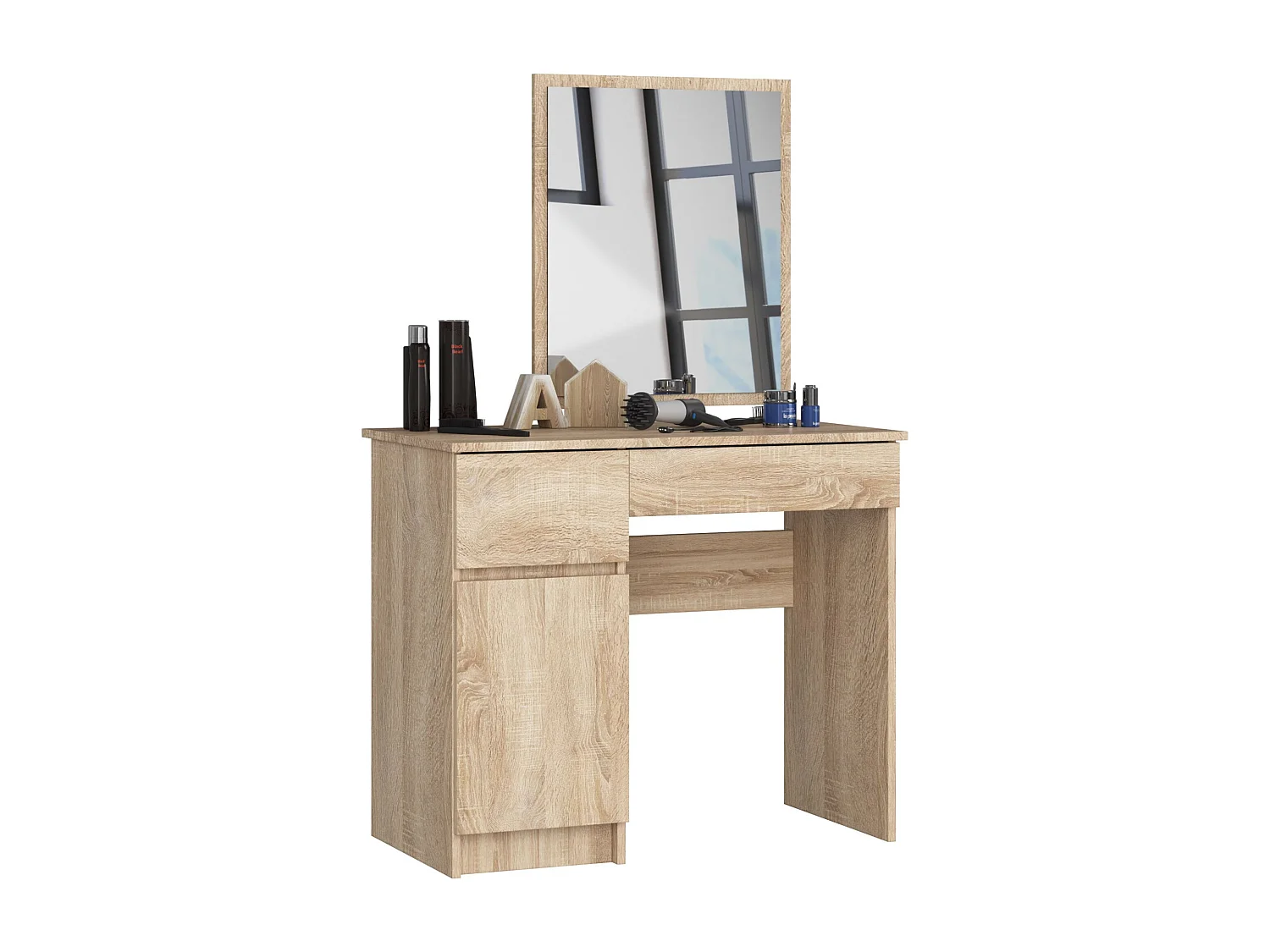 Toaletka AKORD P2 Dąb Sonoma 90 cm z lustrem 500x600 lewa 1 drzwi 2 szuflady kolor Dąb Sonoma mat 2 półki 90x50x142 cm