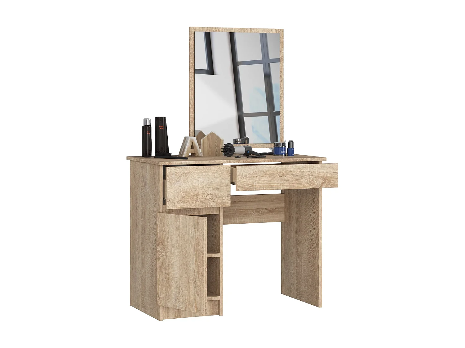 Toaletka AKORD P2 Dąb Sonoma 90 cm z lustrem 500x600 lewa 1 drzwi 2 szuflady kolor Dąb Sonoma mat 2 półki 90x50x142 cm