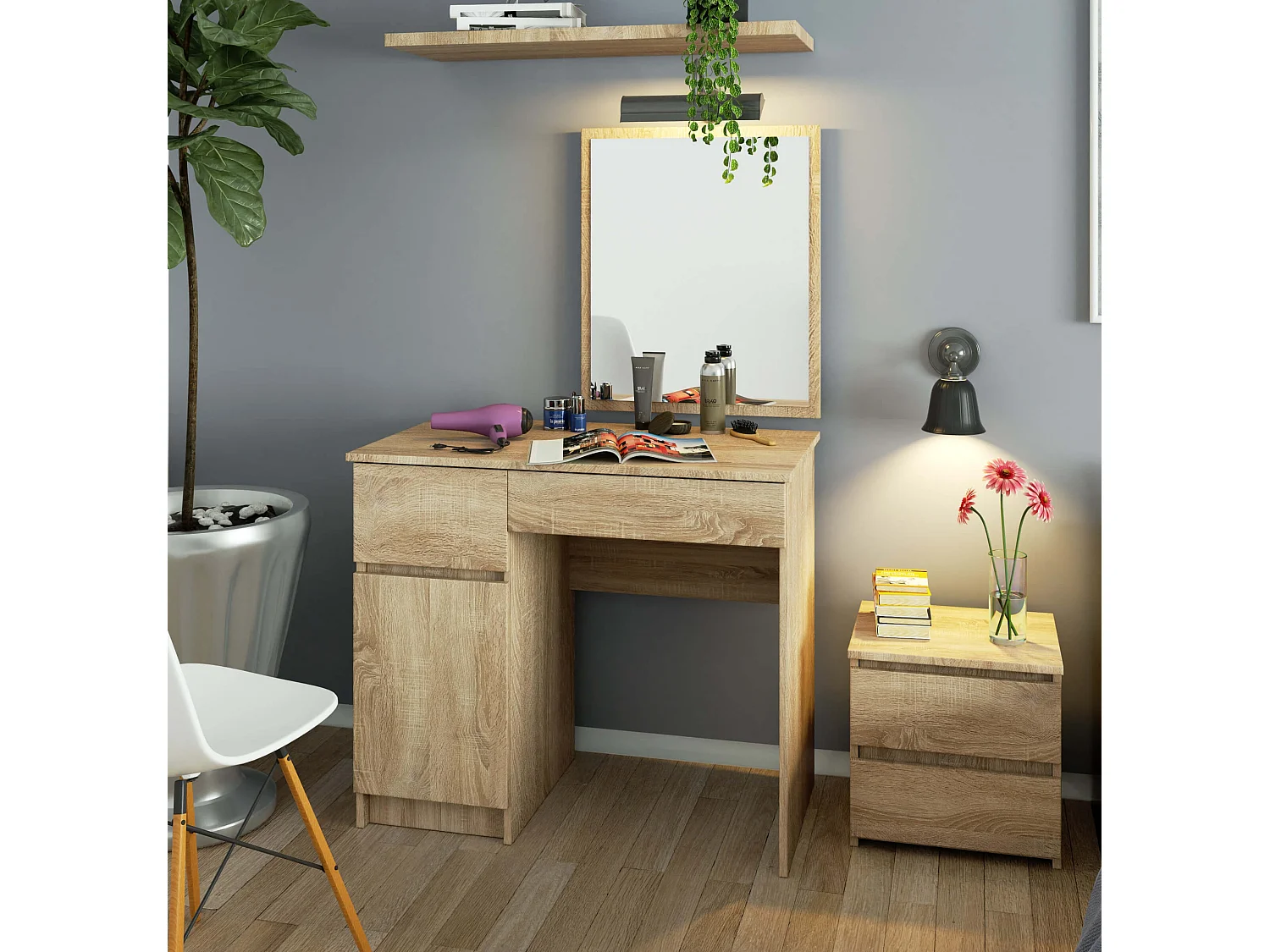 Toaletka AKORD P2 Dąb Sonoma 90 cm z lustrem 500x600 lewa 1 drzwi 2 szuflady kolor Dąb Sonoma mat 2 półki 90x50x142 cm