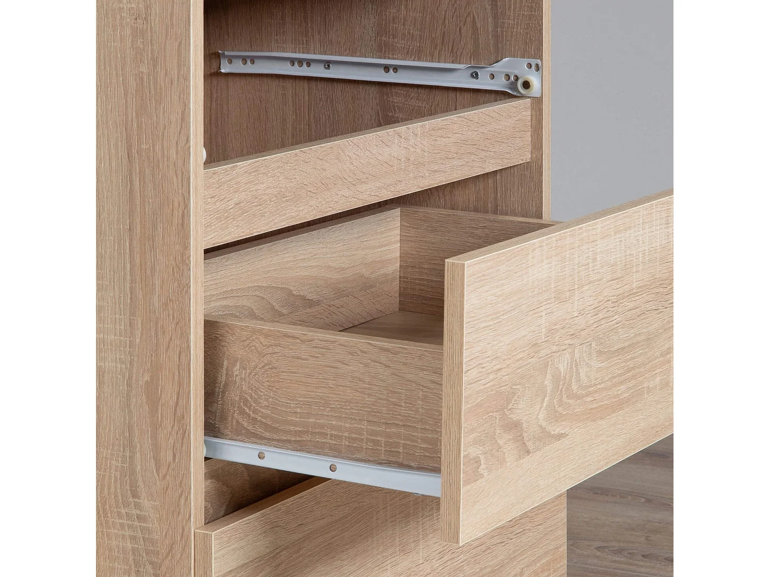 Toaletka AKORD P2 Dąb Sonoma 90 cm z lustrem 500x600 lewa 1 drzwi 2 szuflady kolor Dąb Sonoma mat 2 półki 90x50x142 cm