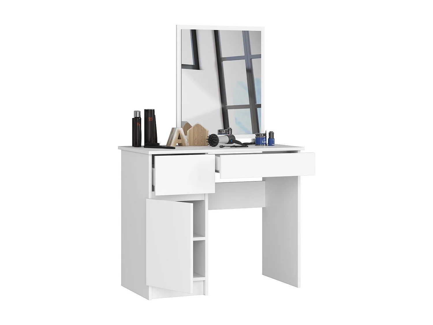 Toaletka AKORD P2 Biała 90 cm z lustrem 500x600 lewa 1 drzwi 2 szuflady kolor Biały mat 2 półki 90x50x142 cm
