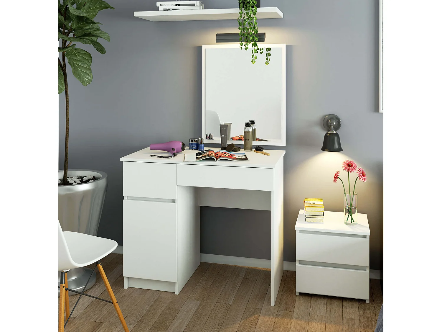 Toaletka AKORD P2 Biała 90 cm z lustrem 500x600 lewa 1 drzwi 2 szuflady kolor Biały mat 2 półki 90x50x142 cm