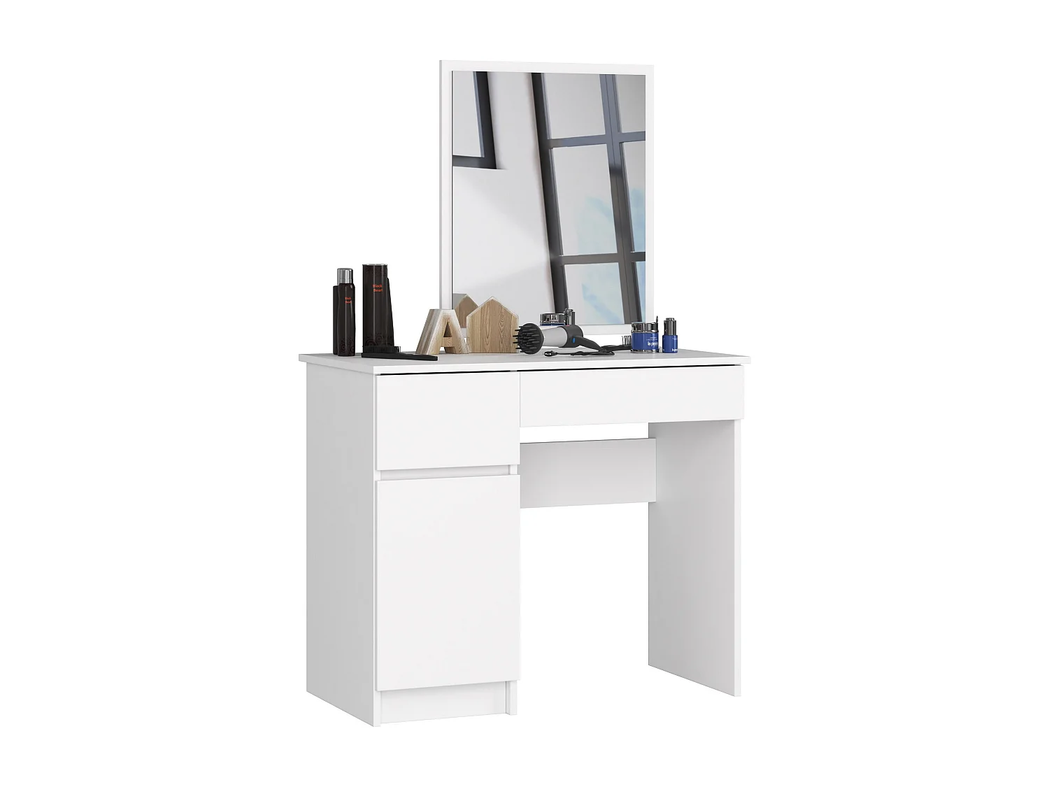 Toaletka AKORD P2 Biała 90 cm z lustrem 500x600 lewa 1 drzwi 2 szuflady kolor Biały mat 2 półki 90x50x142 cm
