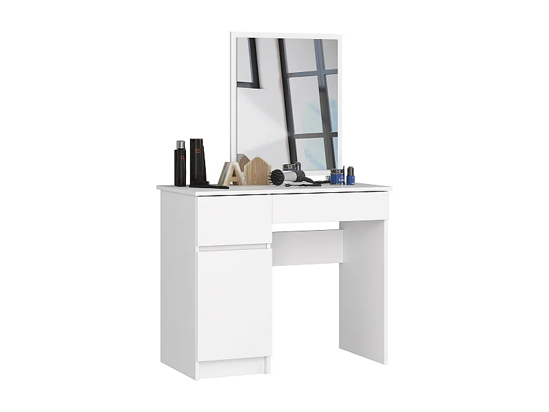 Toaletka AKORD P2 Biała 90 cm z lustrem 500x600 lewa 1 drzwi 2 szuflady kolor Biały mat 2 półki 90x50x142 cm