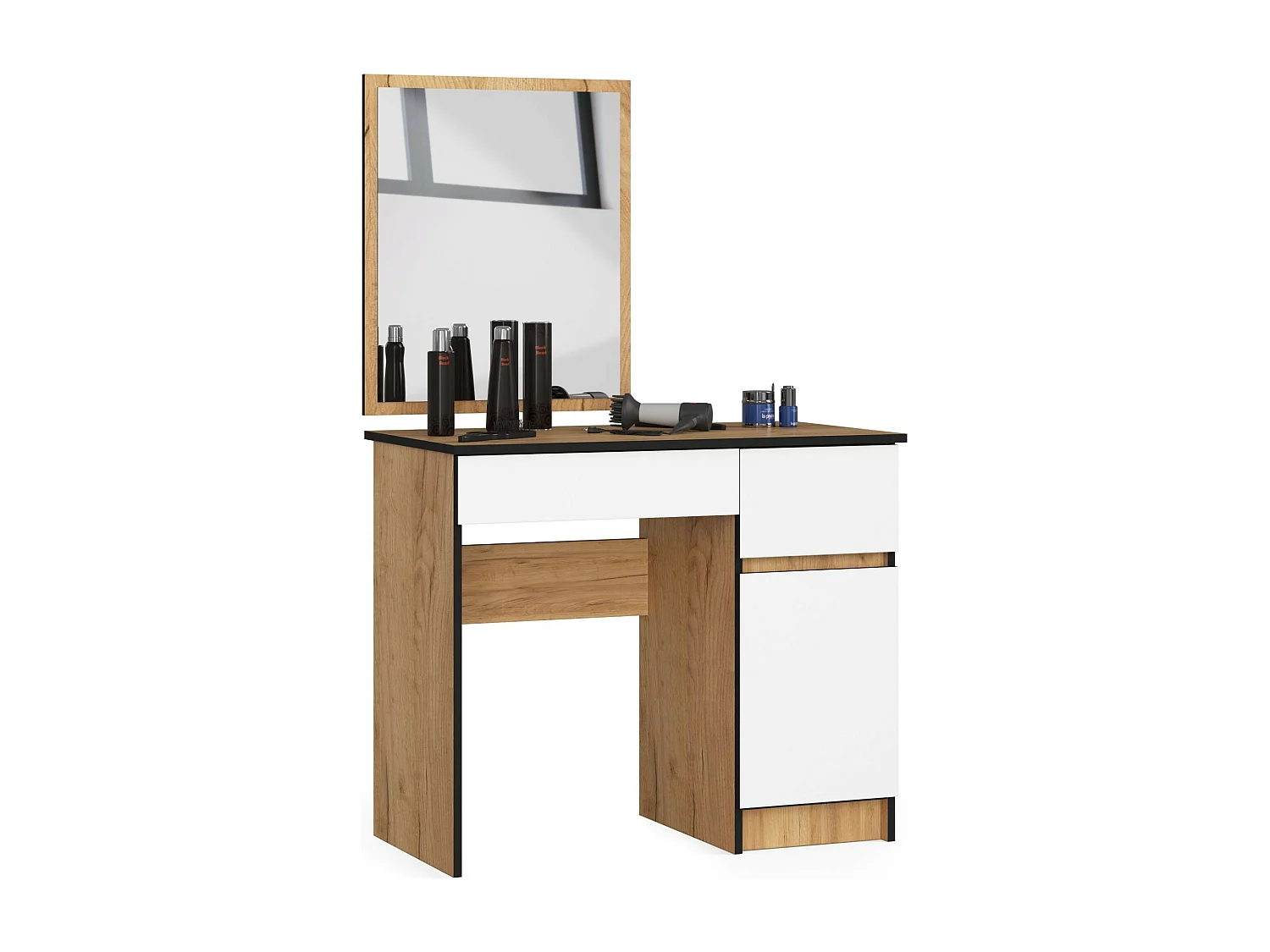 Toaletka AKORD P2 Dąb Craft 90 cm z lustrem 500x600 prawa 1 drzwi 2 szuflady kolor Biały mat 2 półki 90x50x142 cm