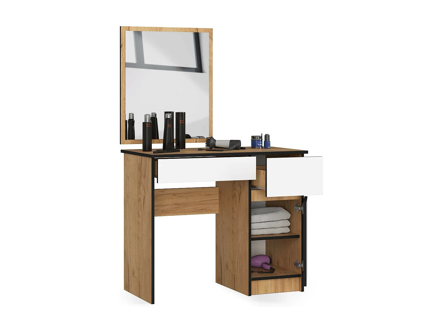 Toaletka AKORD P2 Dąb Craft 90 cm z lustrem 500x600 prawa 1 drzwi 2 szuflady kolor Biały mat 2 półki 90x50x142 cm