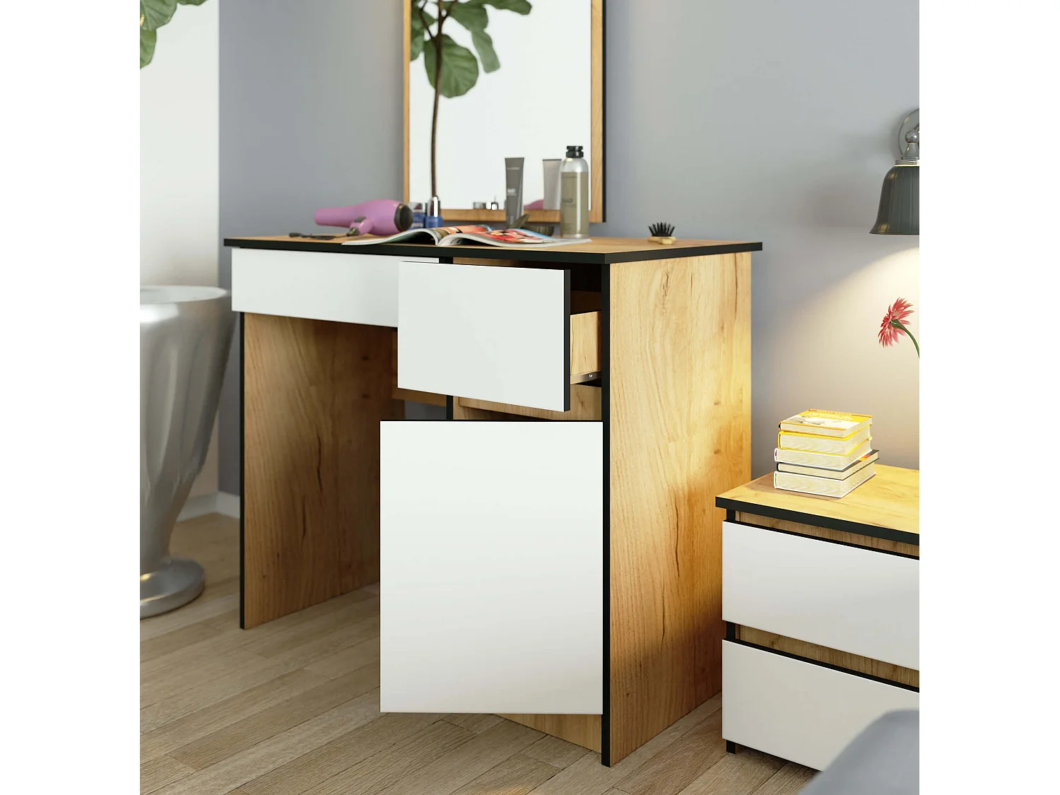 Toaletka AKORD P2 Dąb Craft 90 cm z lustrem 500x600 prawa 1 drzwi 2 szuflady kolor Biały mat 2 półki 90x50x142 cm