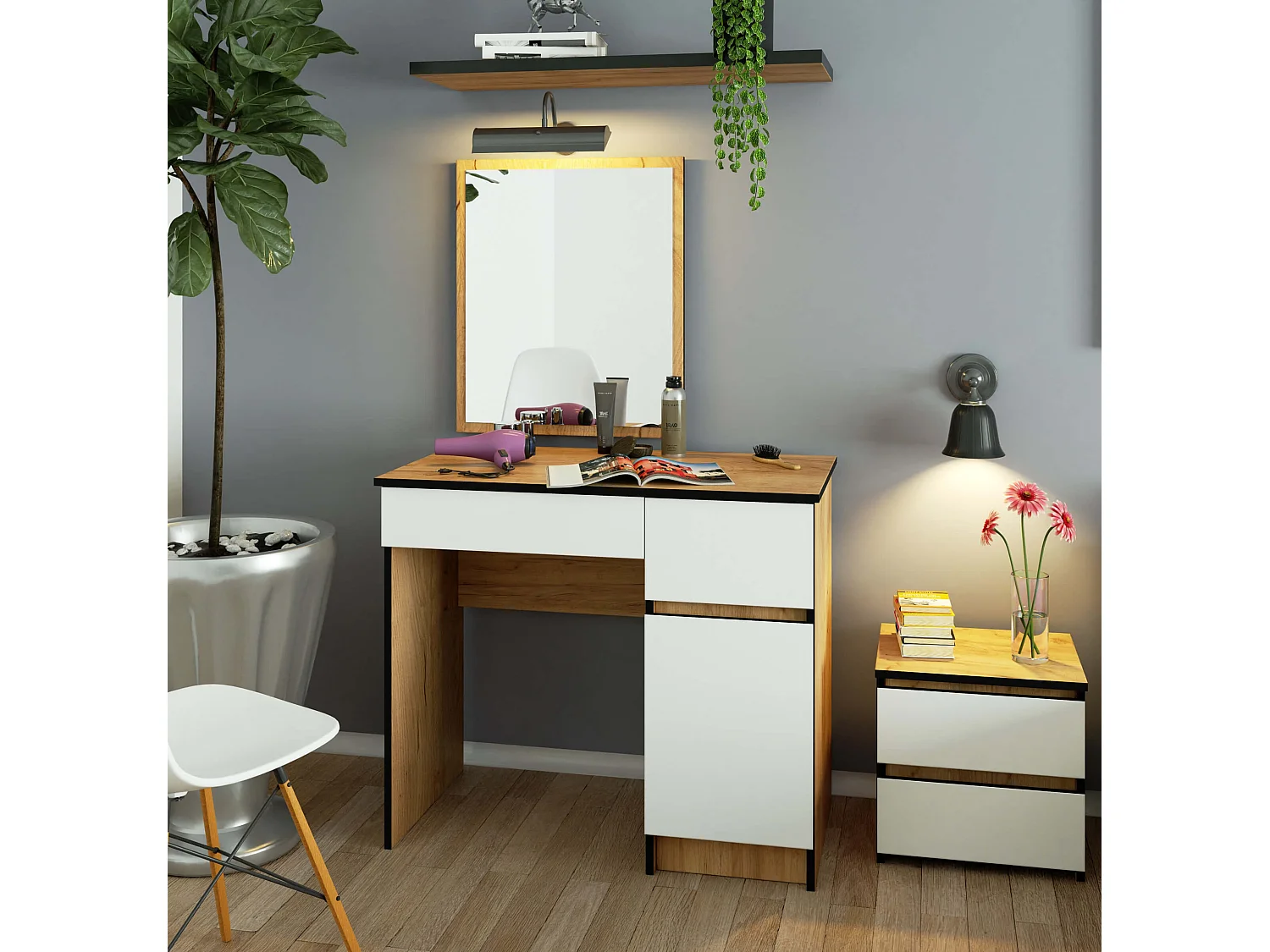 Toaletka AKORD P2 Dąb Craft 90 cm z lustrem 500x600 prawa 1 drzwi 2 szuflady kolor Biały mat 2 półki 90x50x142 cm