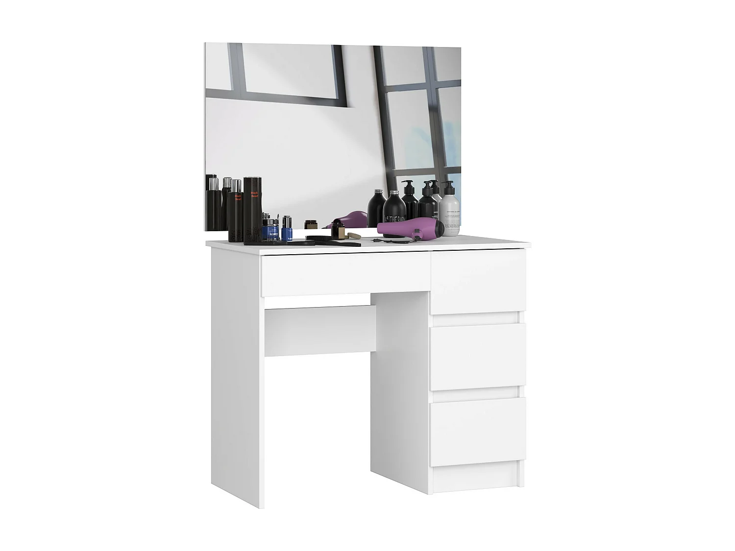 Toaletka AKORD T6 Biała 90 cm z lustrem 900x600 prawa 4 szuflady kolor Biały mat 90x50x142 cm