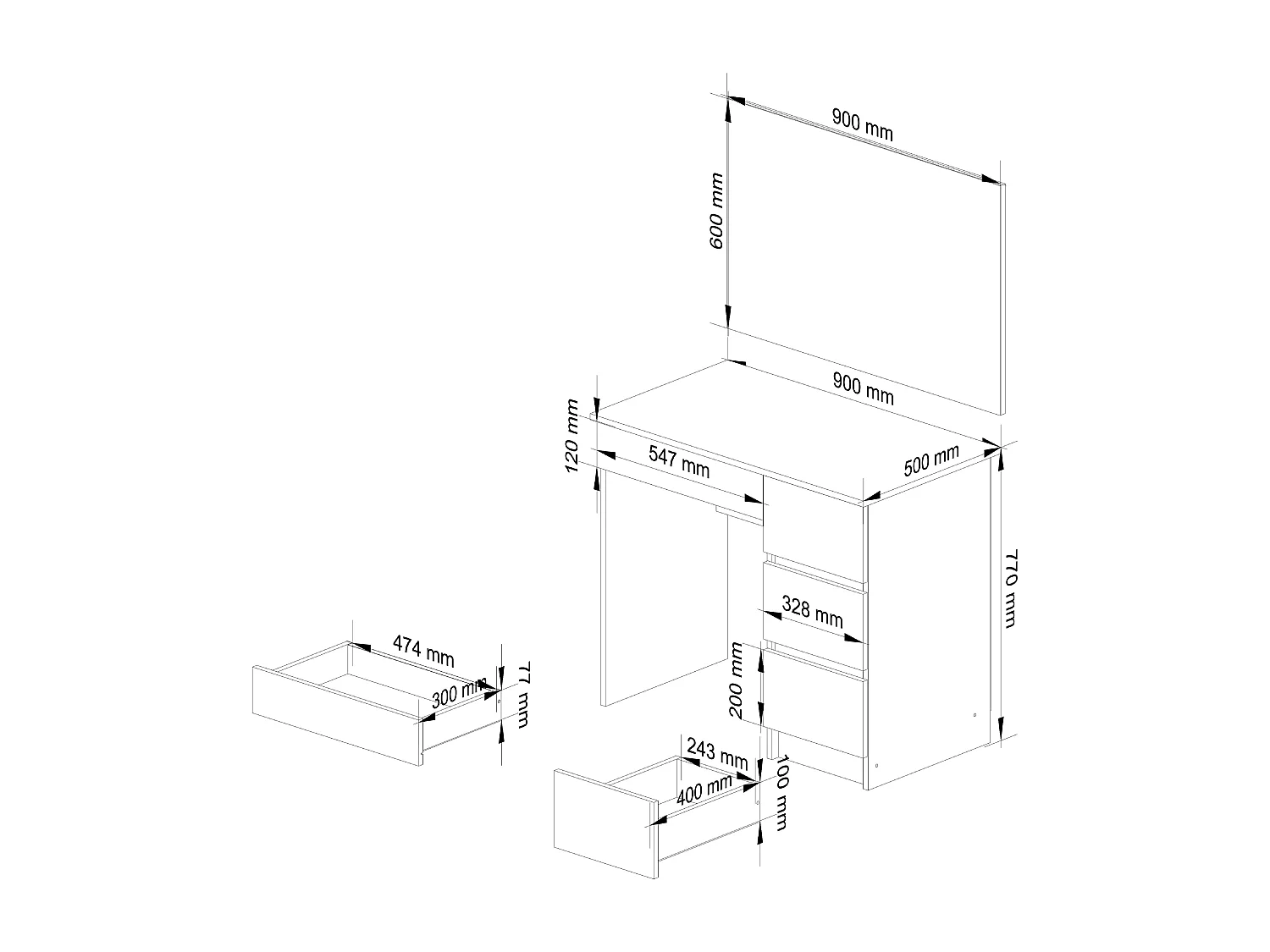 Toaletka AKORD T6 Biała 90 cm z lustrem 900x600 prawa 4 szuflady kolor Biały mat 90x50x142 cm